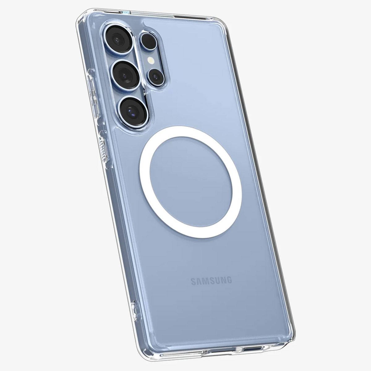 Telefoon in doorzichtig hoesje, witte ring. Blauwe achterkant. Cameralenzen en Samsung logo.