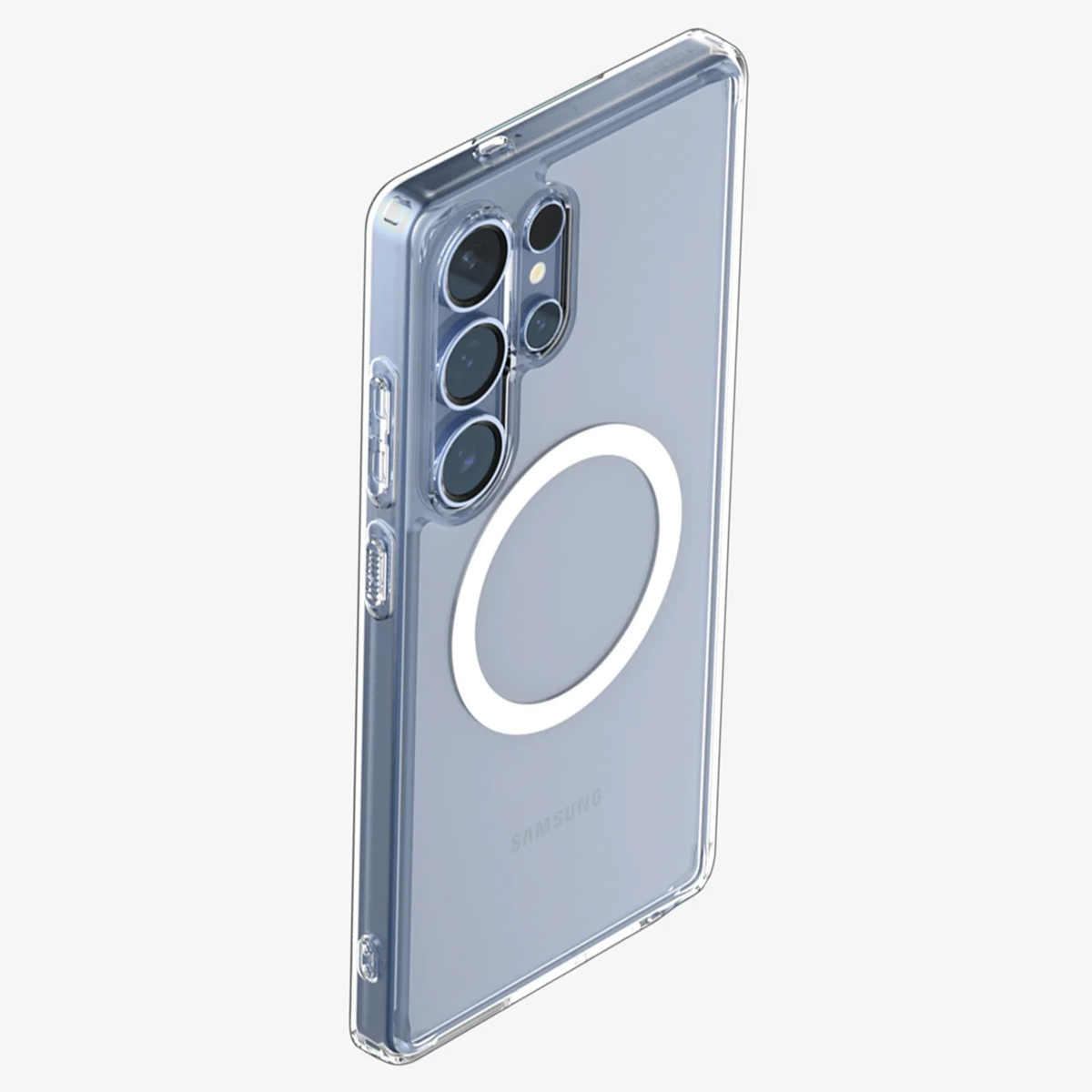 Transparante telefoonhoes met een witte ring en een telefoon, op een witte achtergrond.