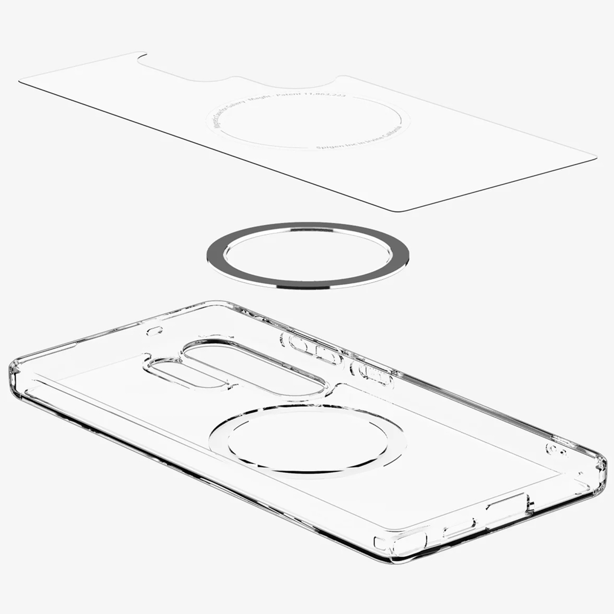 Transparante telefoonhoes met een magnetische ring en een aparte ring erboven.