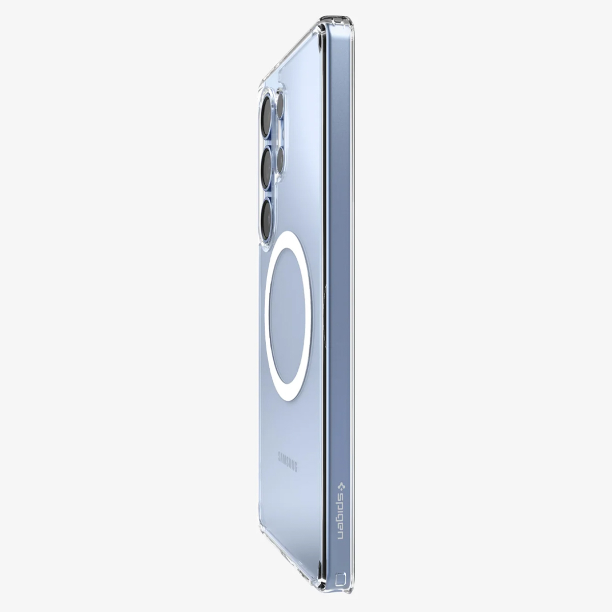 Transparante telefoonhoes op blauwe telefoon. Witte magnetische ring. Spigen logo.