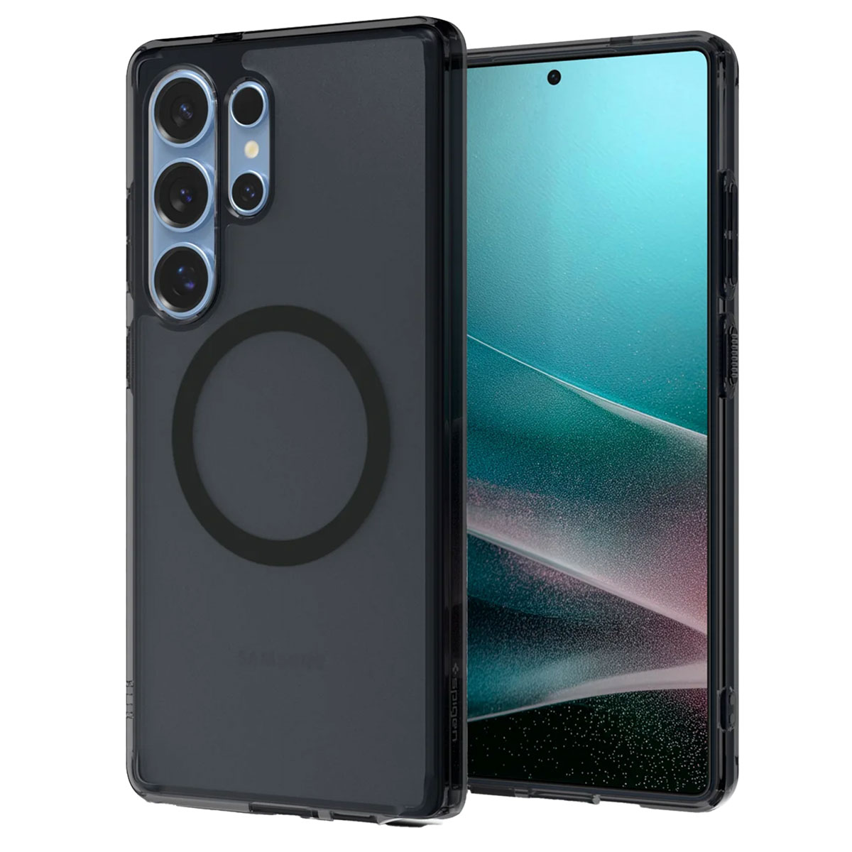 Zwarte telefoonhoes met een telefoon erin.