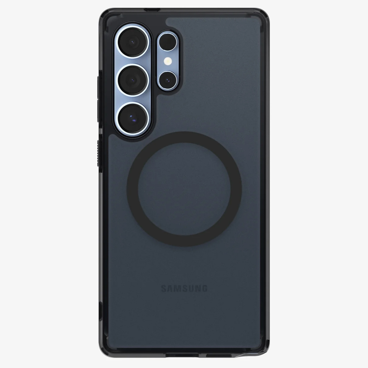 Transparante telefoonhoes met een zwarte cirkel en meerdere lenzen. Witte achtergrond.