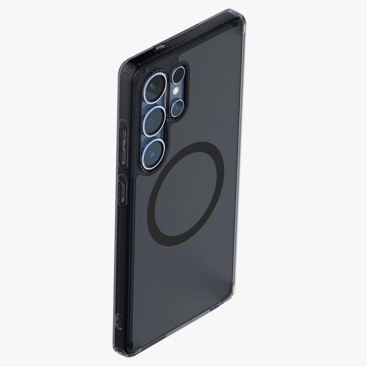 Telefoon met een doorzichtige hoes. De hoes heeft een zwarte ring voor MagSafe.