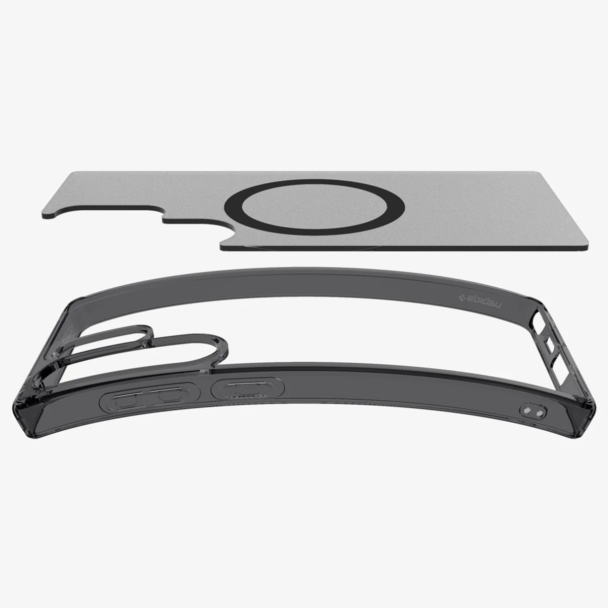 Ontploft aanzicht van een telefoonhoesje en een doorzichtig beschermend element. Zwarte ring.