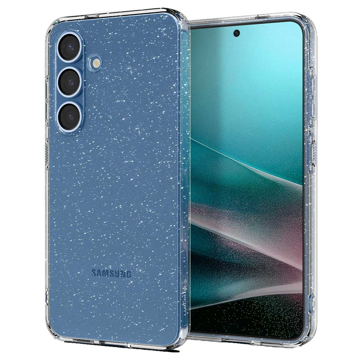 Coque de téléphone avec un design bleu moucheté. Trois caméras visibles. Logo Samsung.