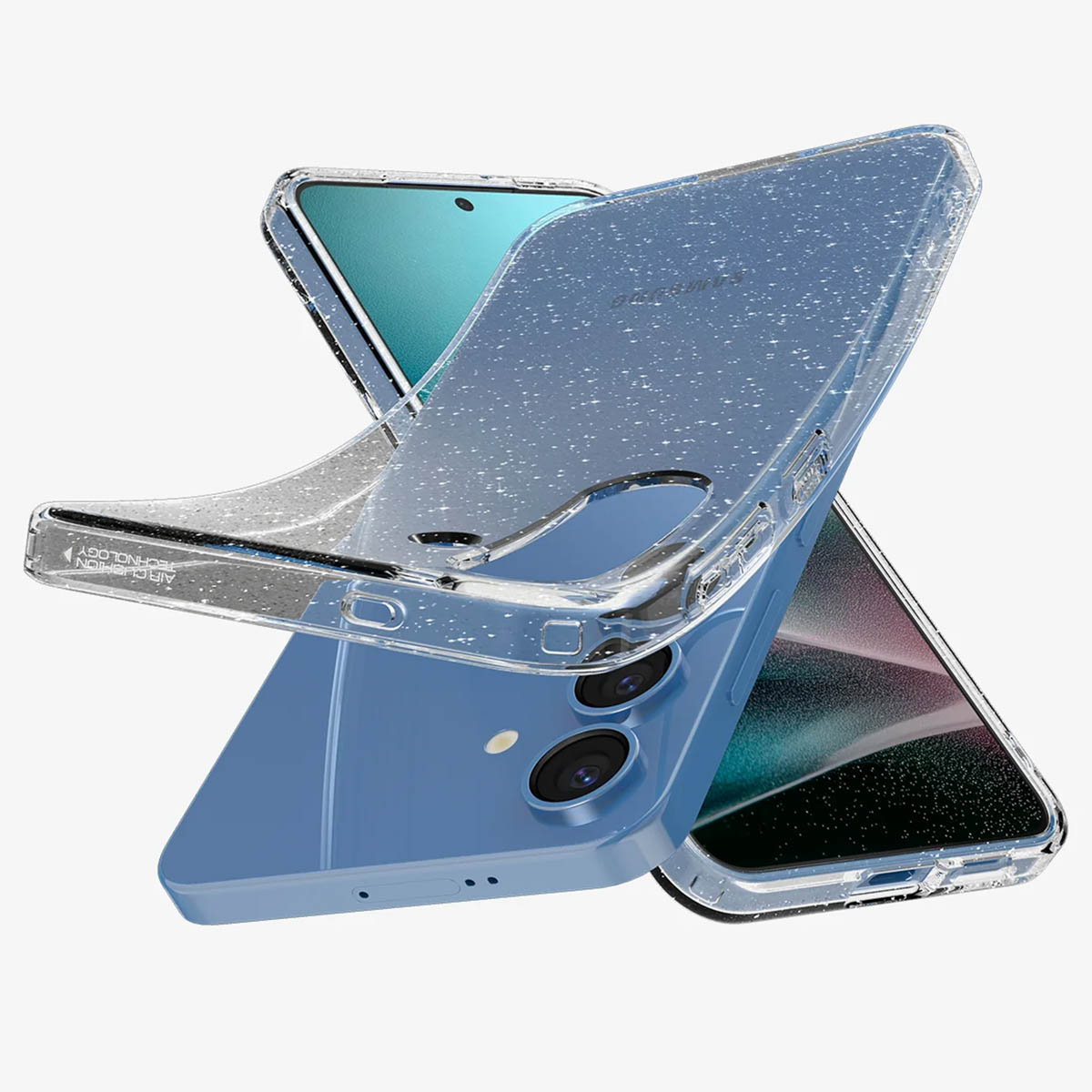 Téléphone bleu avec coque transparente. Effet pailleté. Autre téléphone en arrière-plan. Surface blanche.
