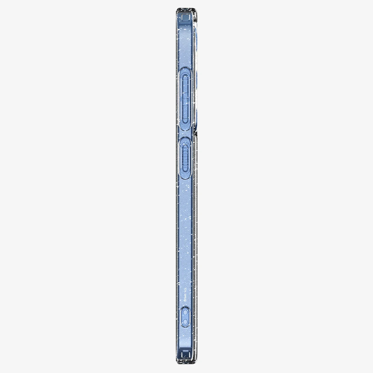 Vue latérale d'une coque de téléphone transparente avec boutons. Teinte bleu clair. Fond blanc.