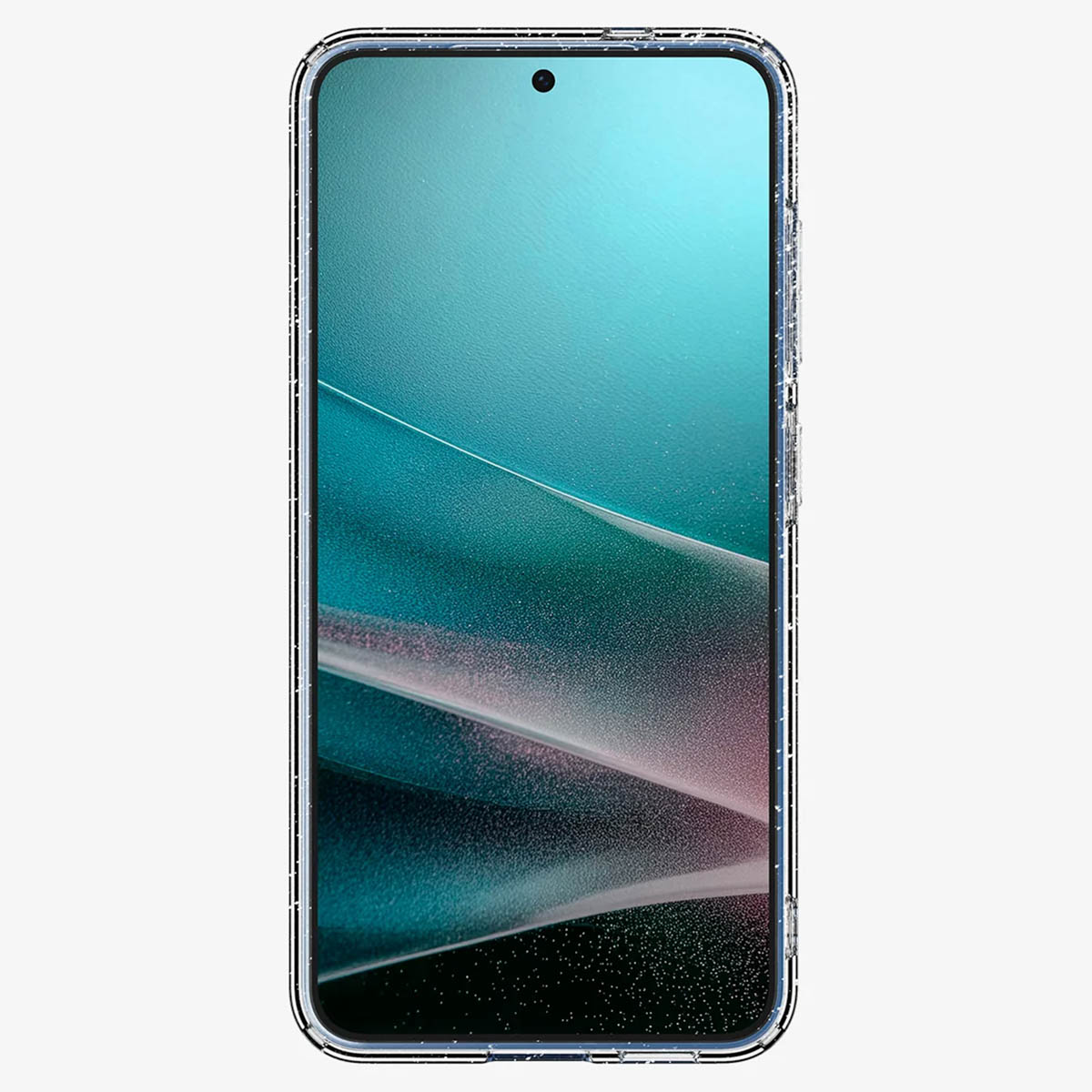 Coque transparente sur un téléphone bleu. Affiche l'écran du téléphone.