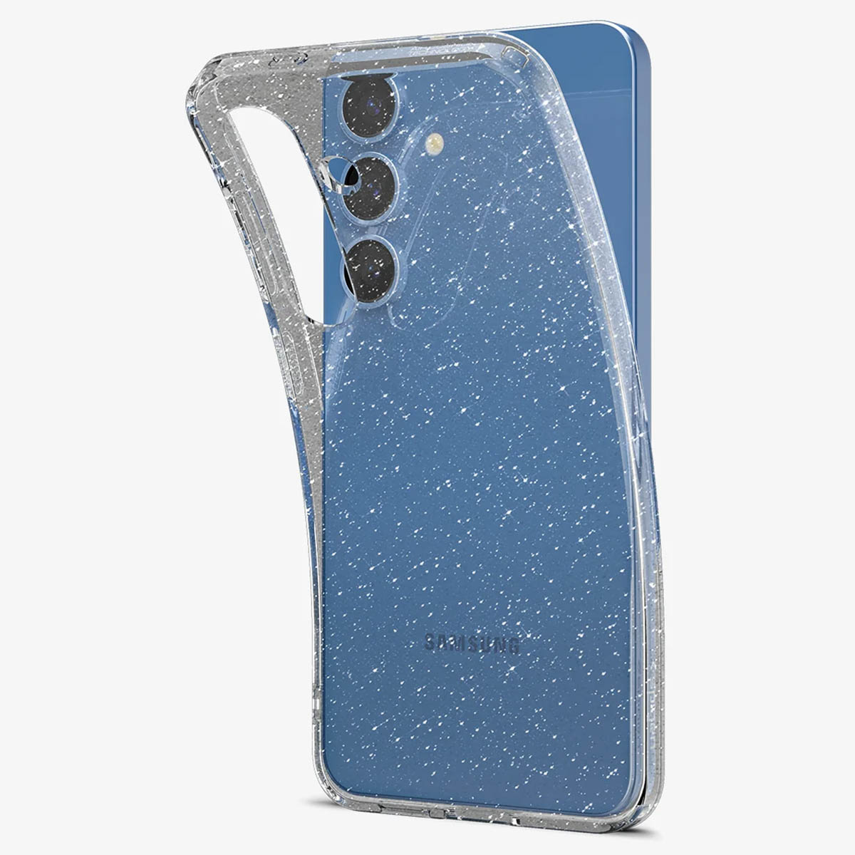 Un téléphone bleu à l'intérieur d'un étui transparent avec des paillettes.