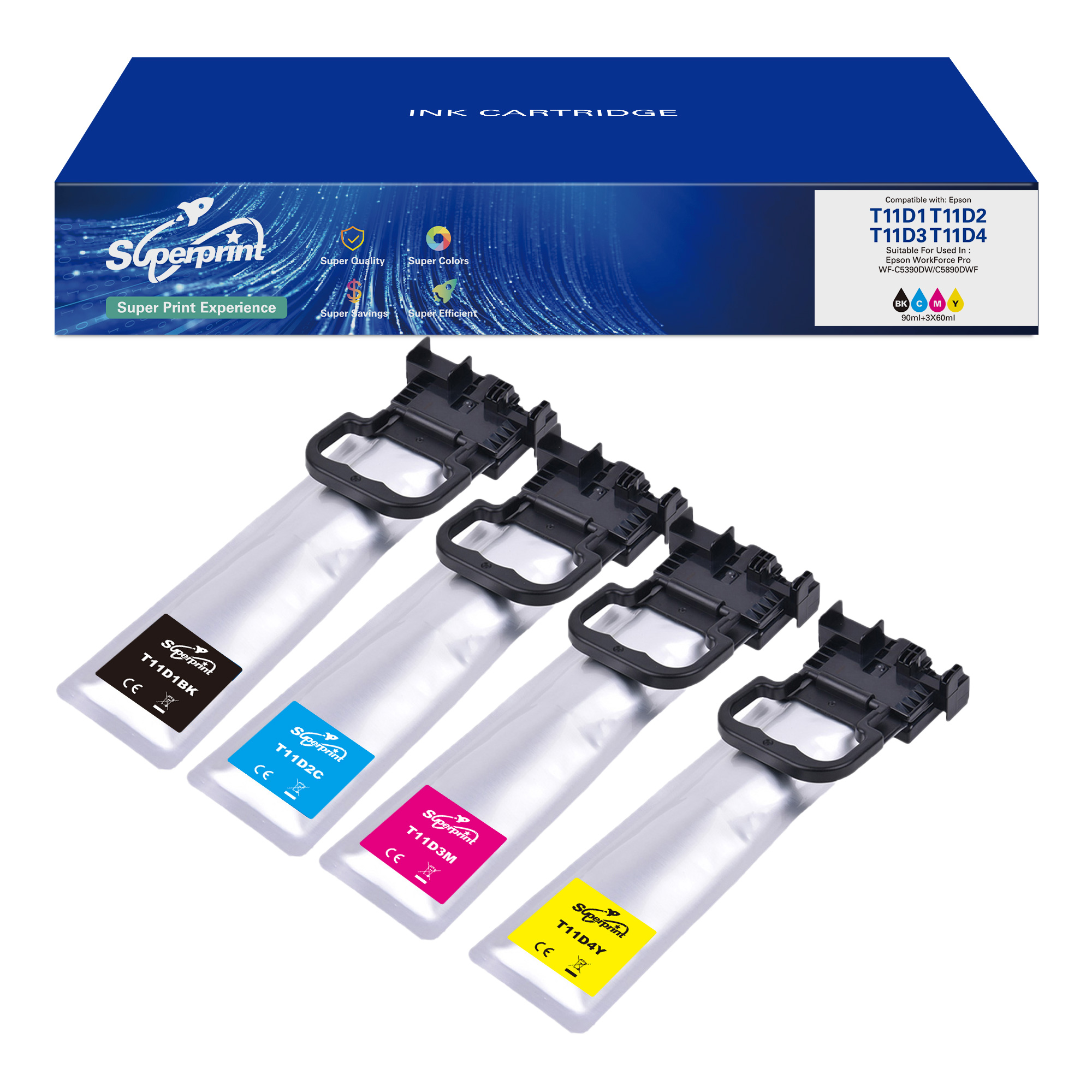 Inktcartridgeverpakking en vier inktcartridges. Cartridges zijn gelabeld met inktkleuren en 'Superprint'-logo.