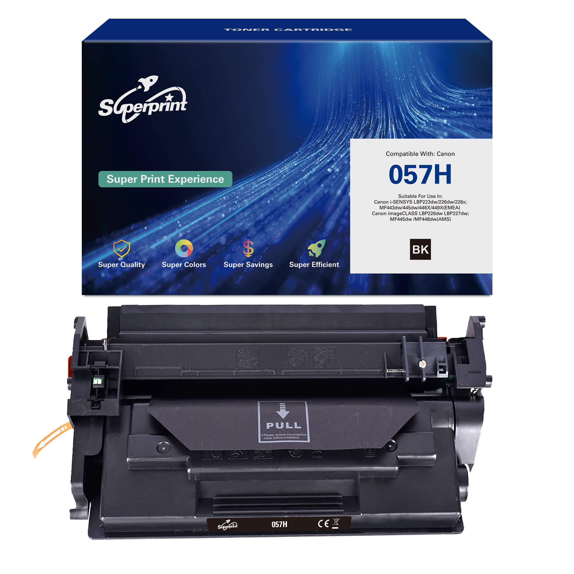 Tonerpatronenbox und die Patrone selbst. Die Box hat den Markennamen und Text.