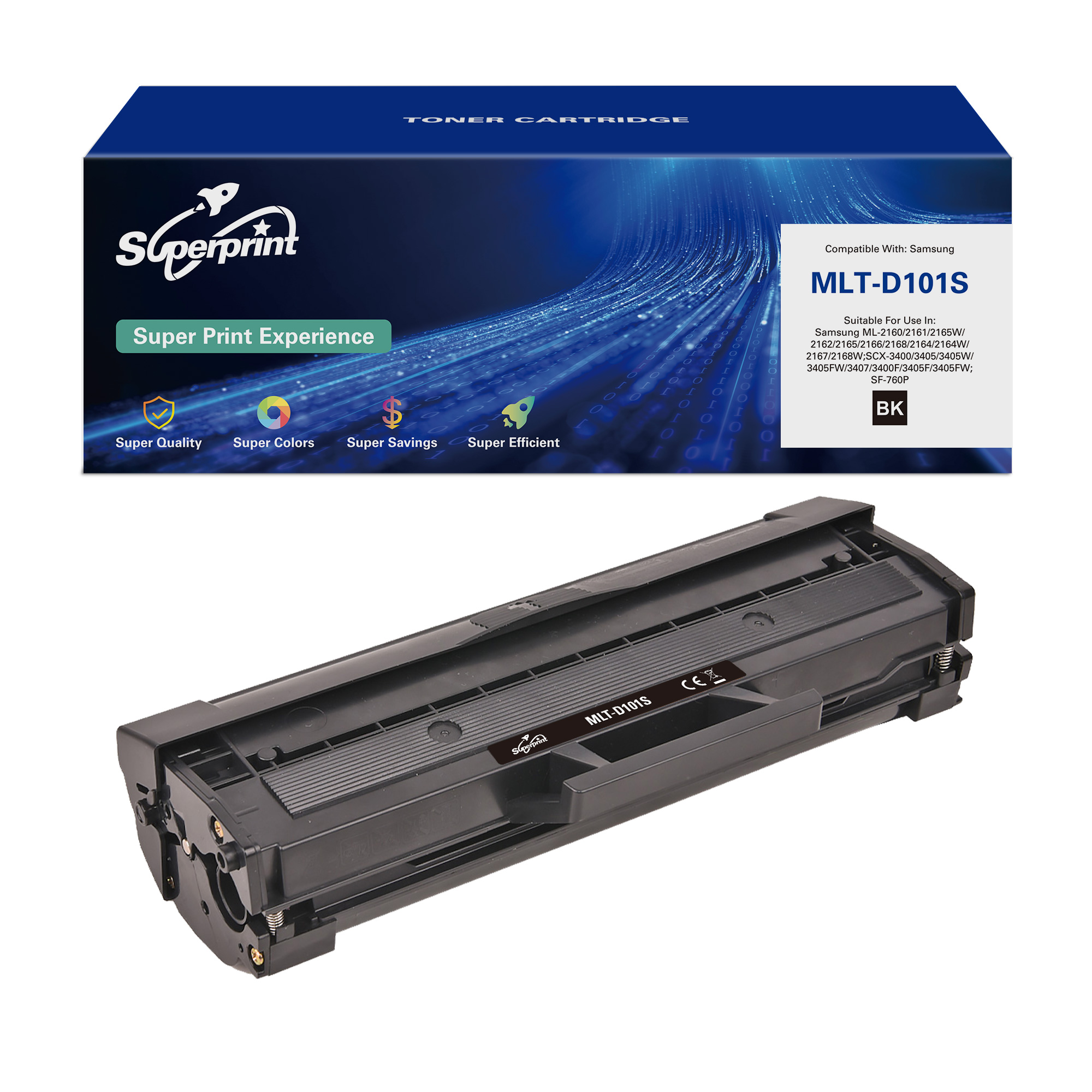 Zwarte tonercartridge met een zwarte doos met een blauwe bovenkant en tekst en afbeeldingen.