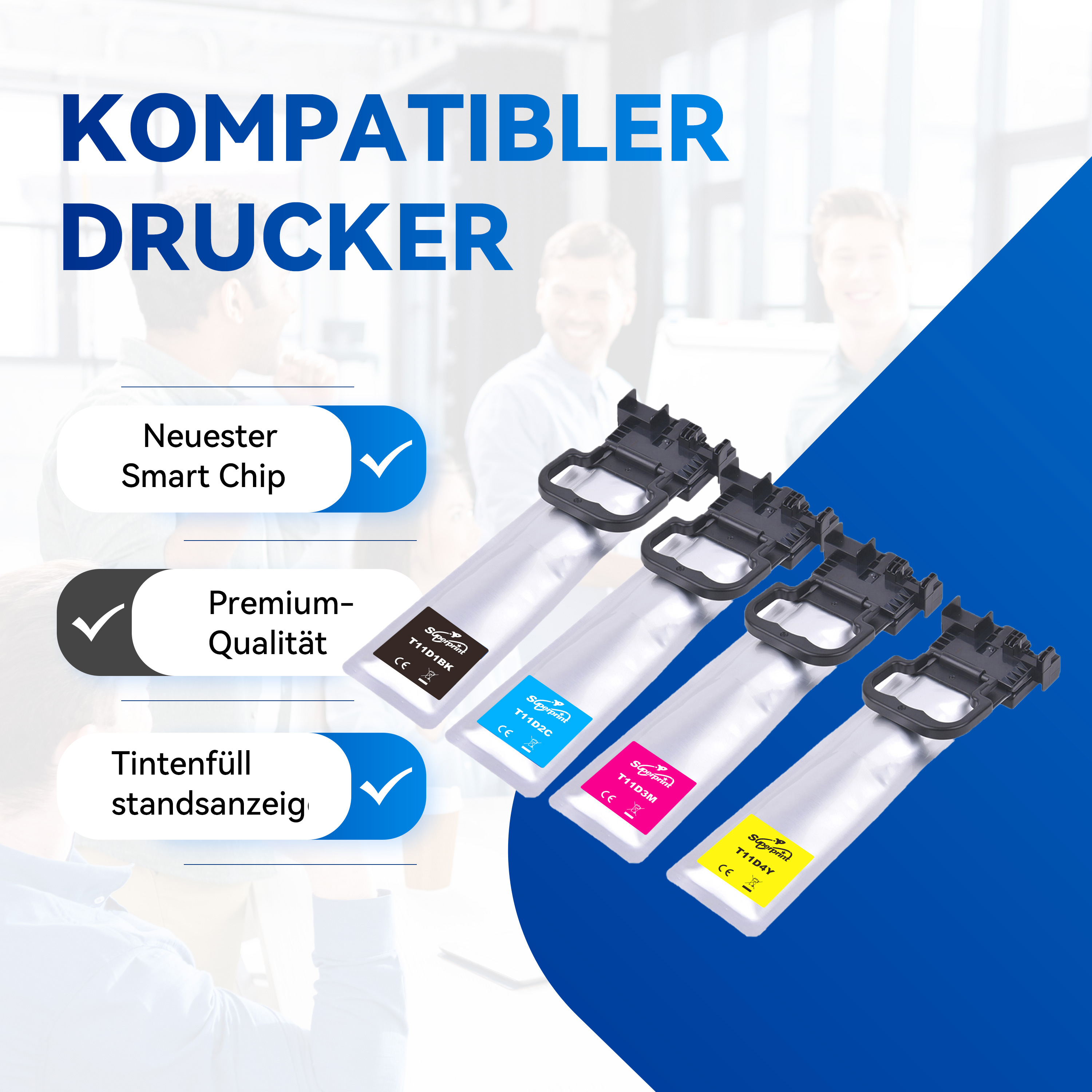 Inktcartridges in zwart, cyaan, magenta en geel. Tekst: Compatibele printer, Smart Chip, Premiumkwaliteit.