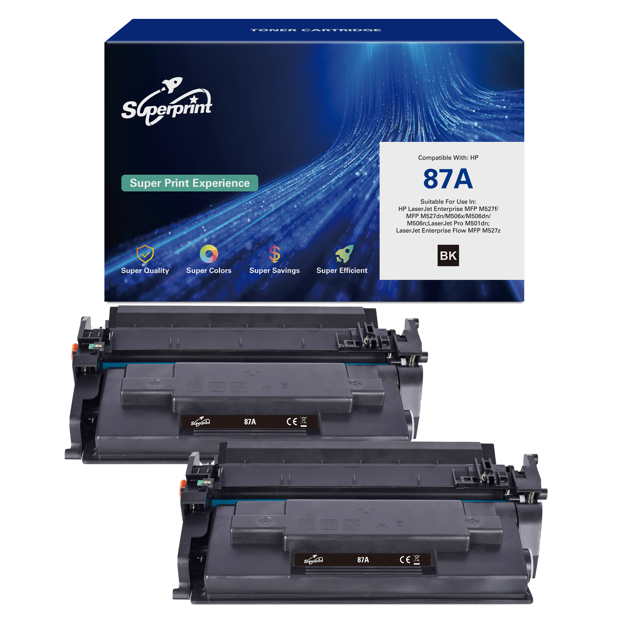 Twee zwarte printerinktcartridges en een doos. De doos toont tekst en afbeeldingen.