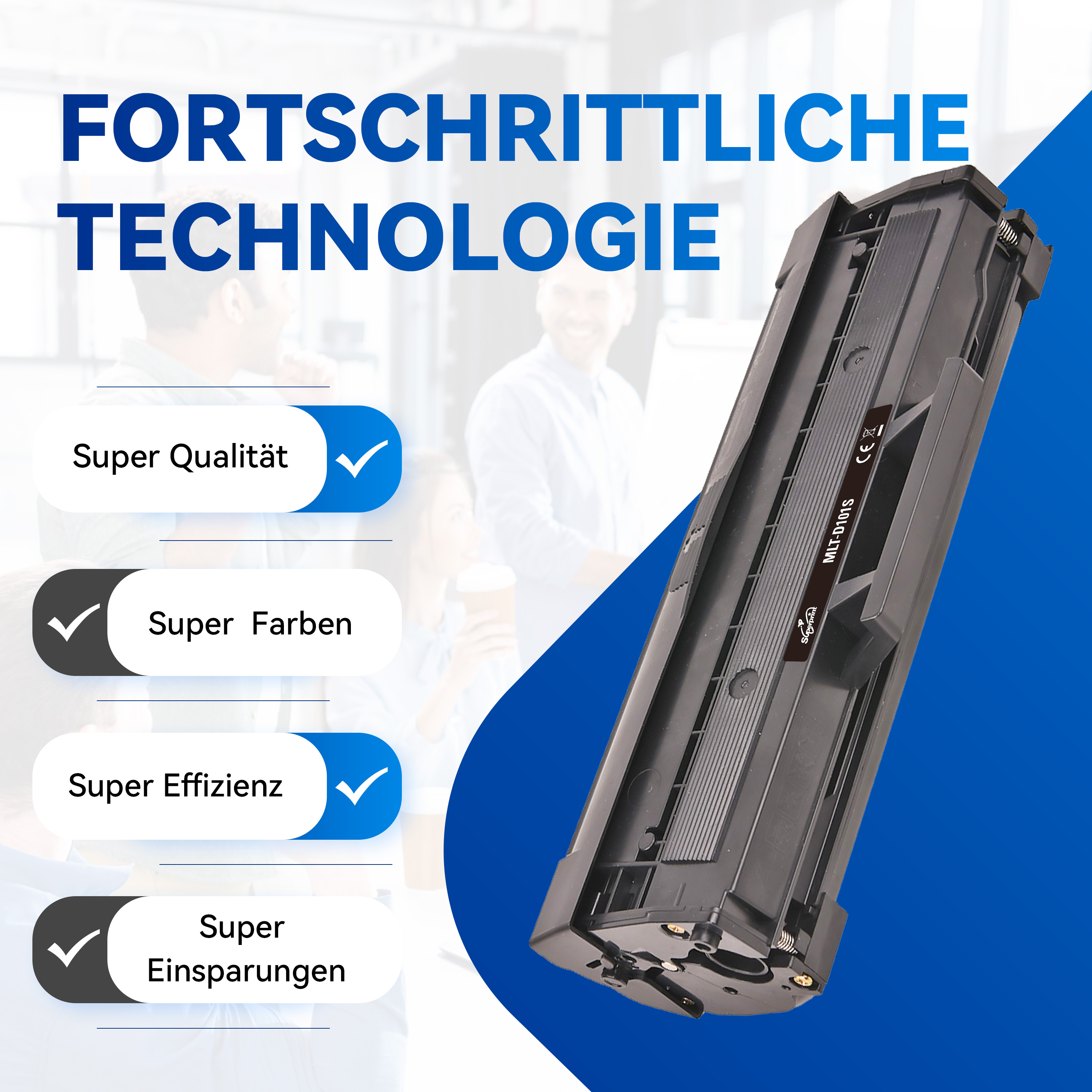 Printercartridge met tekst op een blauwe achtergrond.