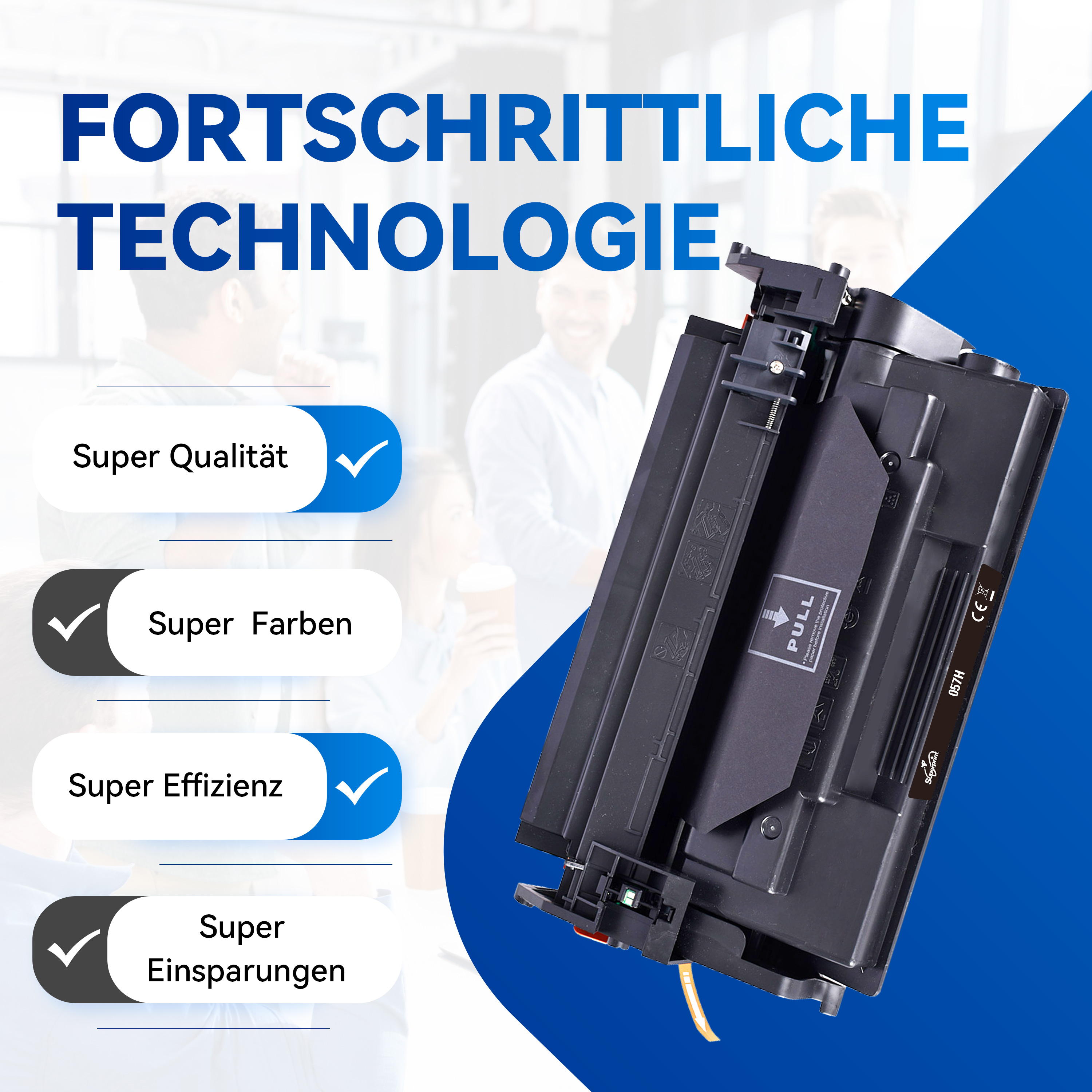 Schwarze Tintenpatrone mit Text und Häkchen. Blauer Hintergrund mit Text.