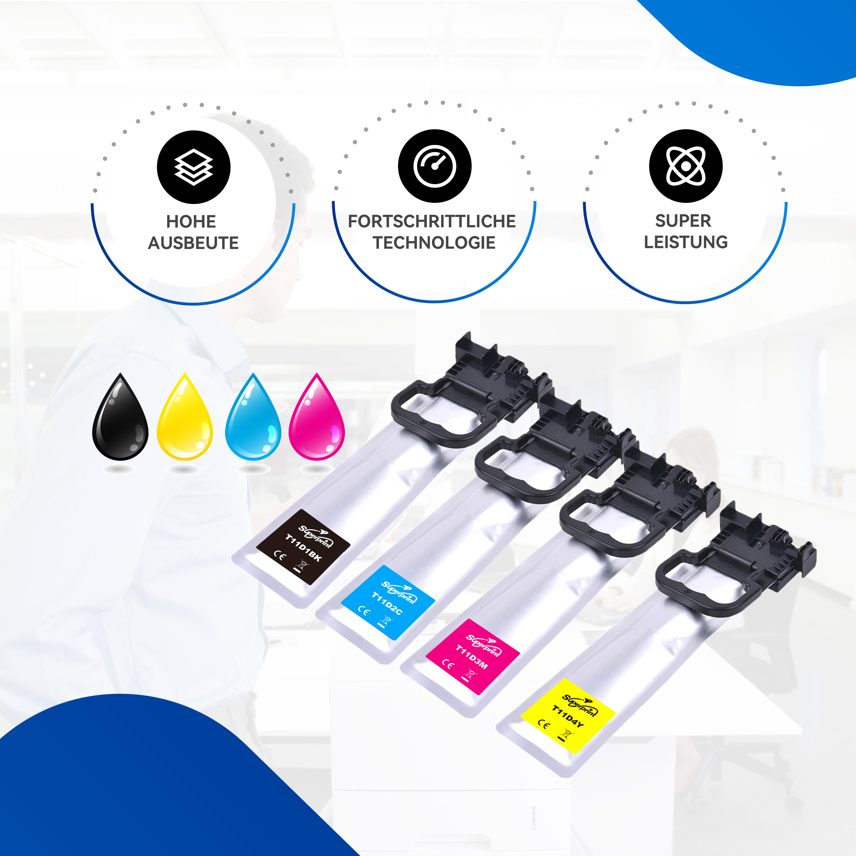 Inktcartridges en kleurrijke inktdruppels met tekst over hoge opbrengst, geavanceerde technologie en superprestaties.
