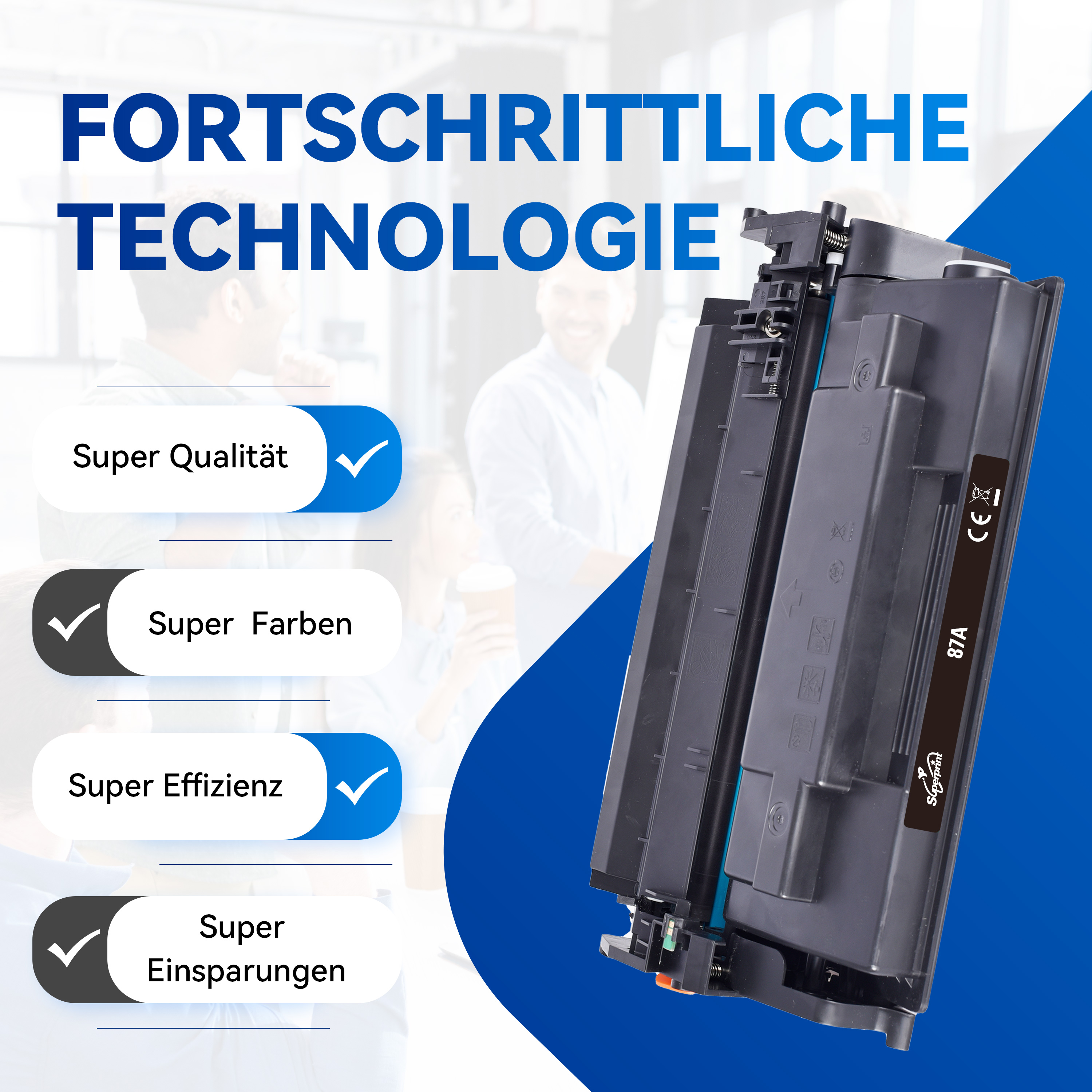 Een printercartridge met vinkjes en tekst: Nieuwste Smart Chip, Premium kwaliteit, Inktniveau.