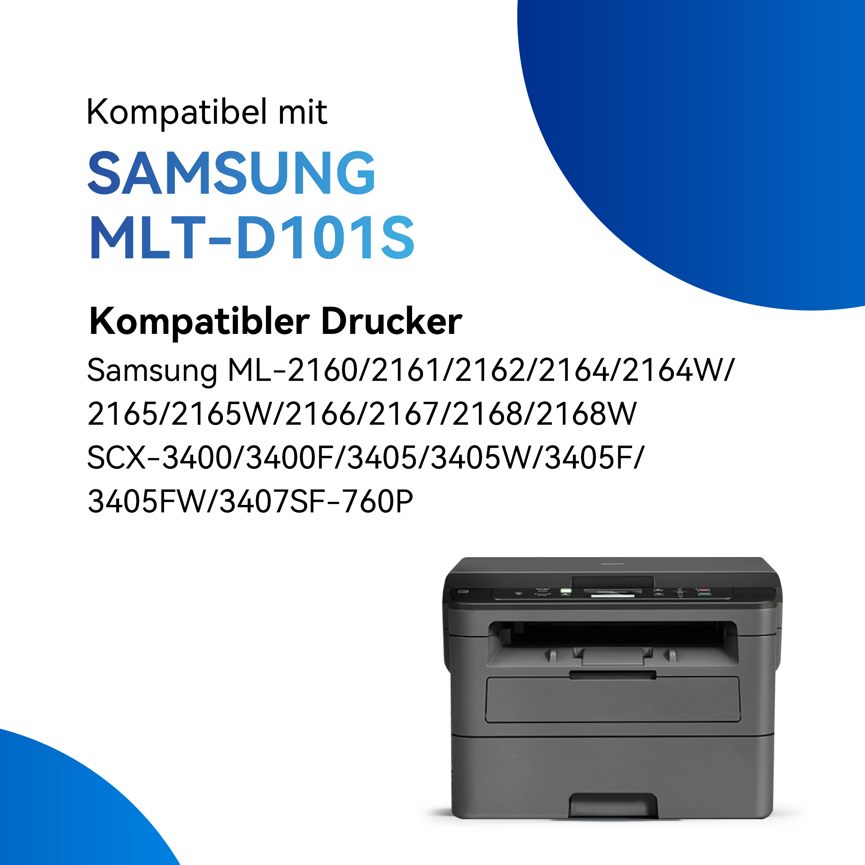 Een zwart-grijze printer en tekst over compatibele printers met Samsung MLT-D101S.