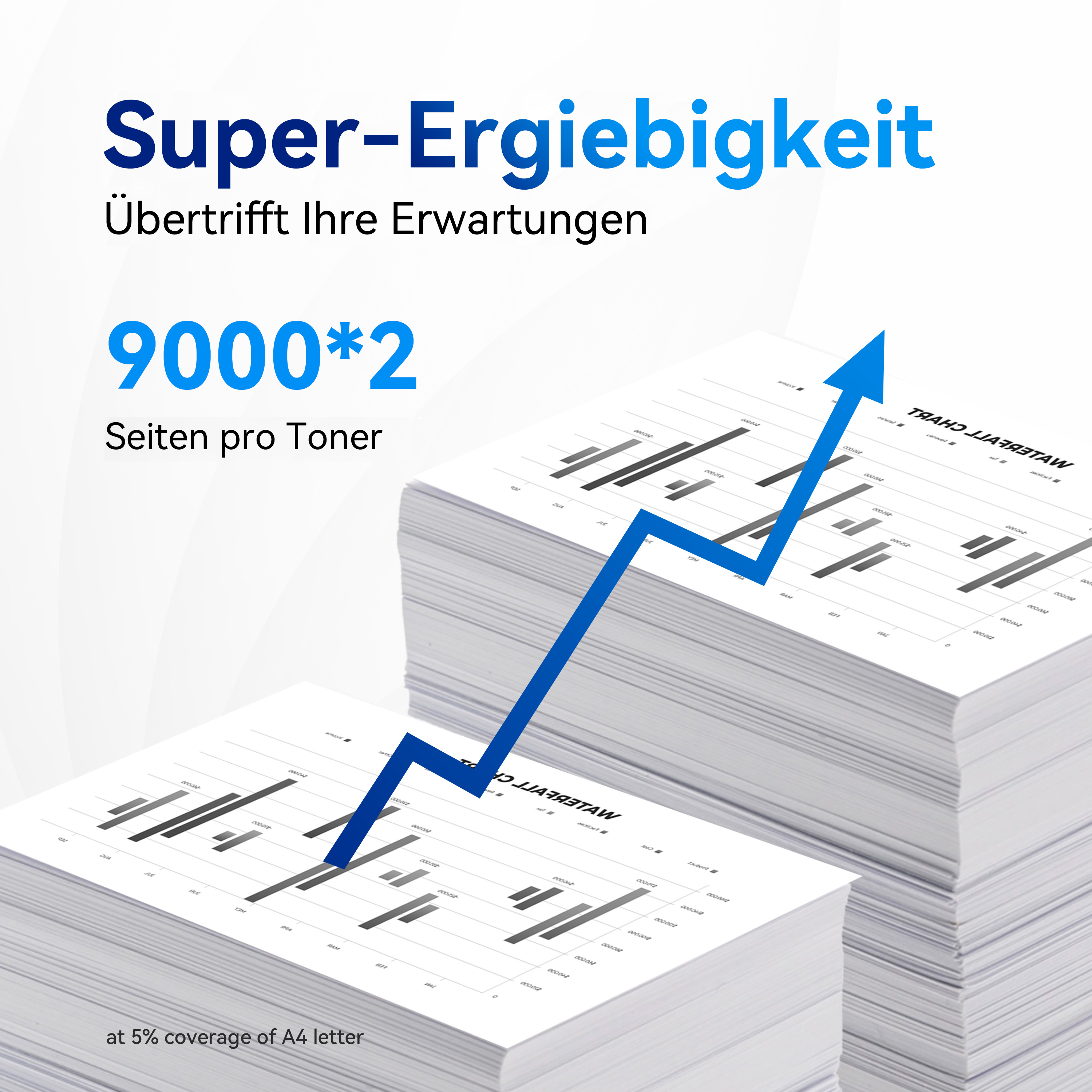 Witte stapels papier met tekst, een blauwe pijl en de woorden 'Super-Ergiebigkeit' in blauw.