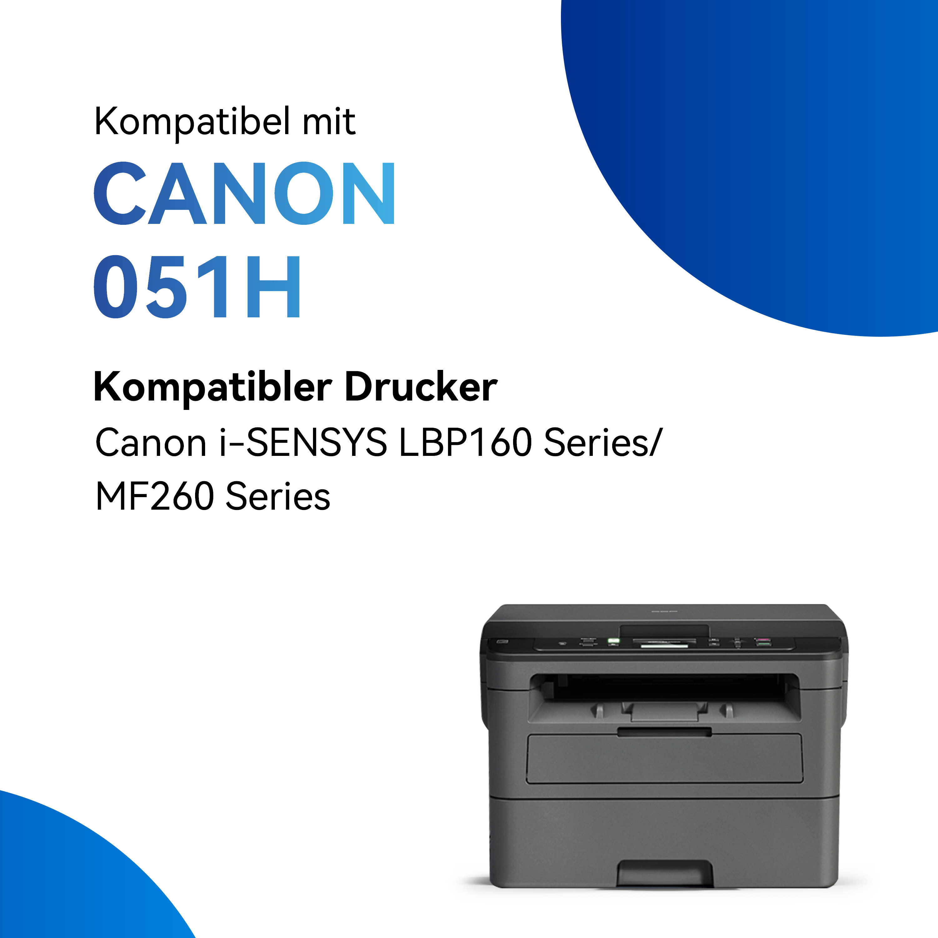 Imprimante noire et grise, avec texte Canon 051H, et Canon i-SENSYS LBP160 Series.