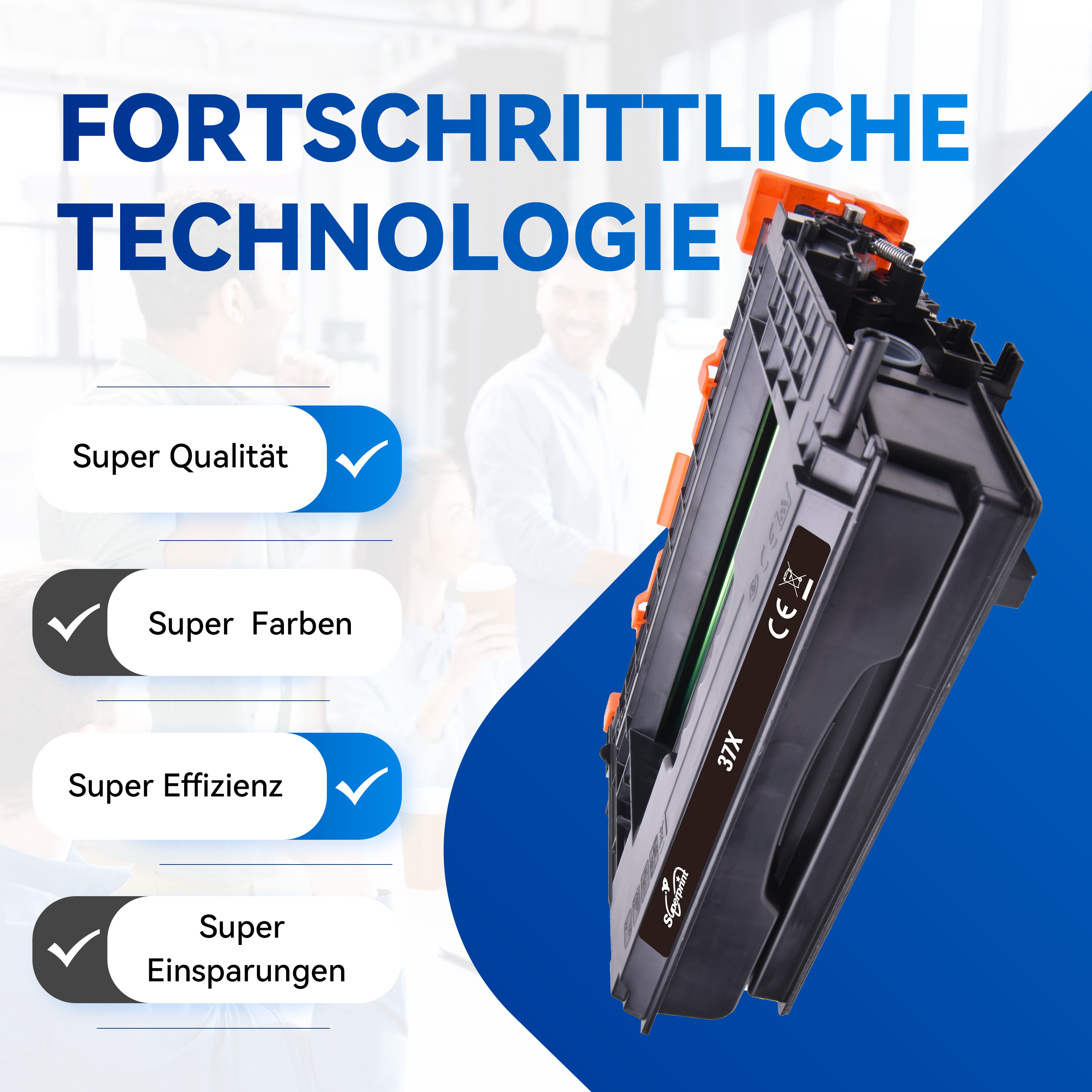 Une cartouche de toner d'imprimante avec des coches et du texte sur la qualité, les couleurs et les économies.