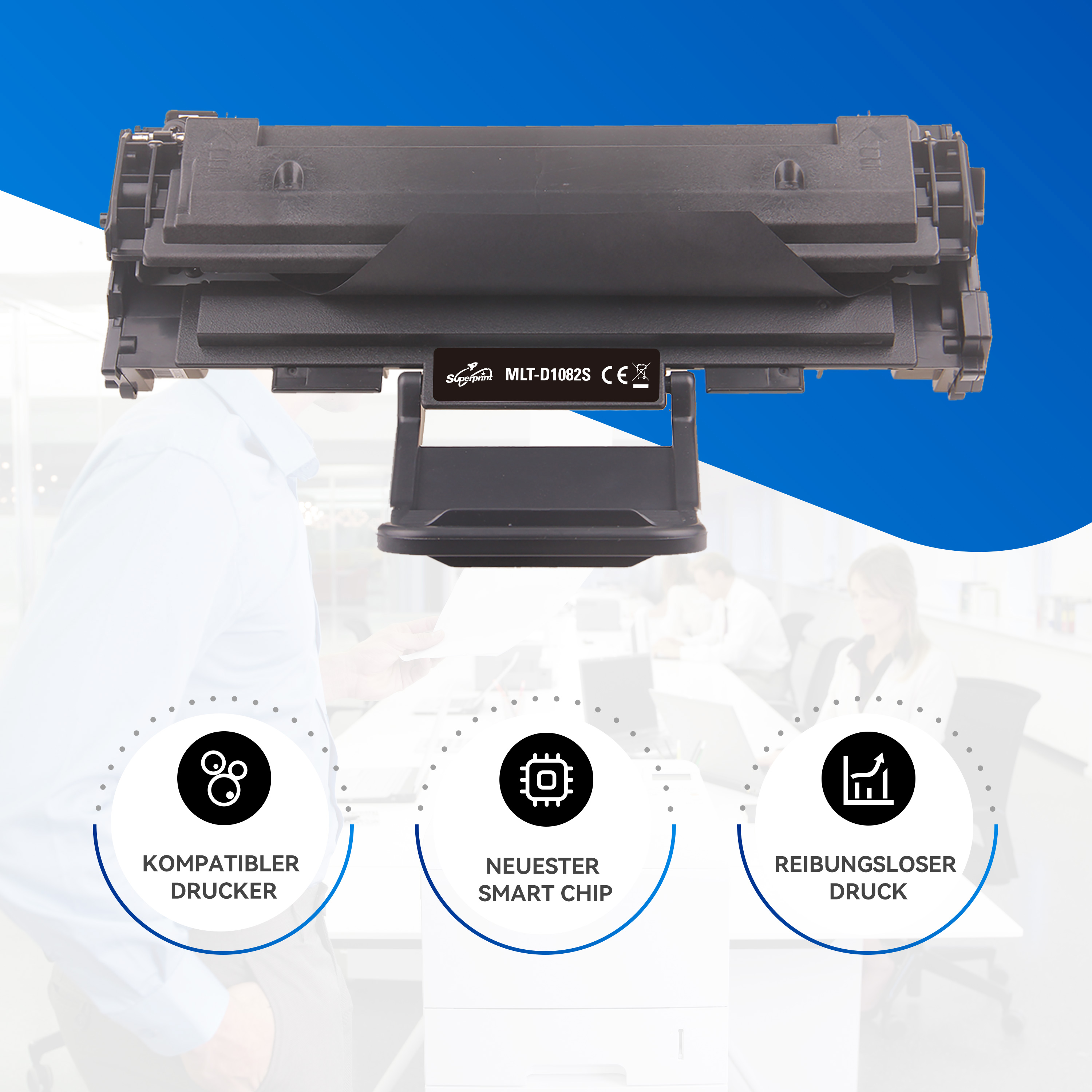 Cartouche de toner d'imprimante noire avec étiquettes de compatibilité, puce et impression fluide.