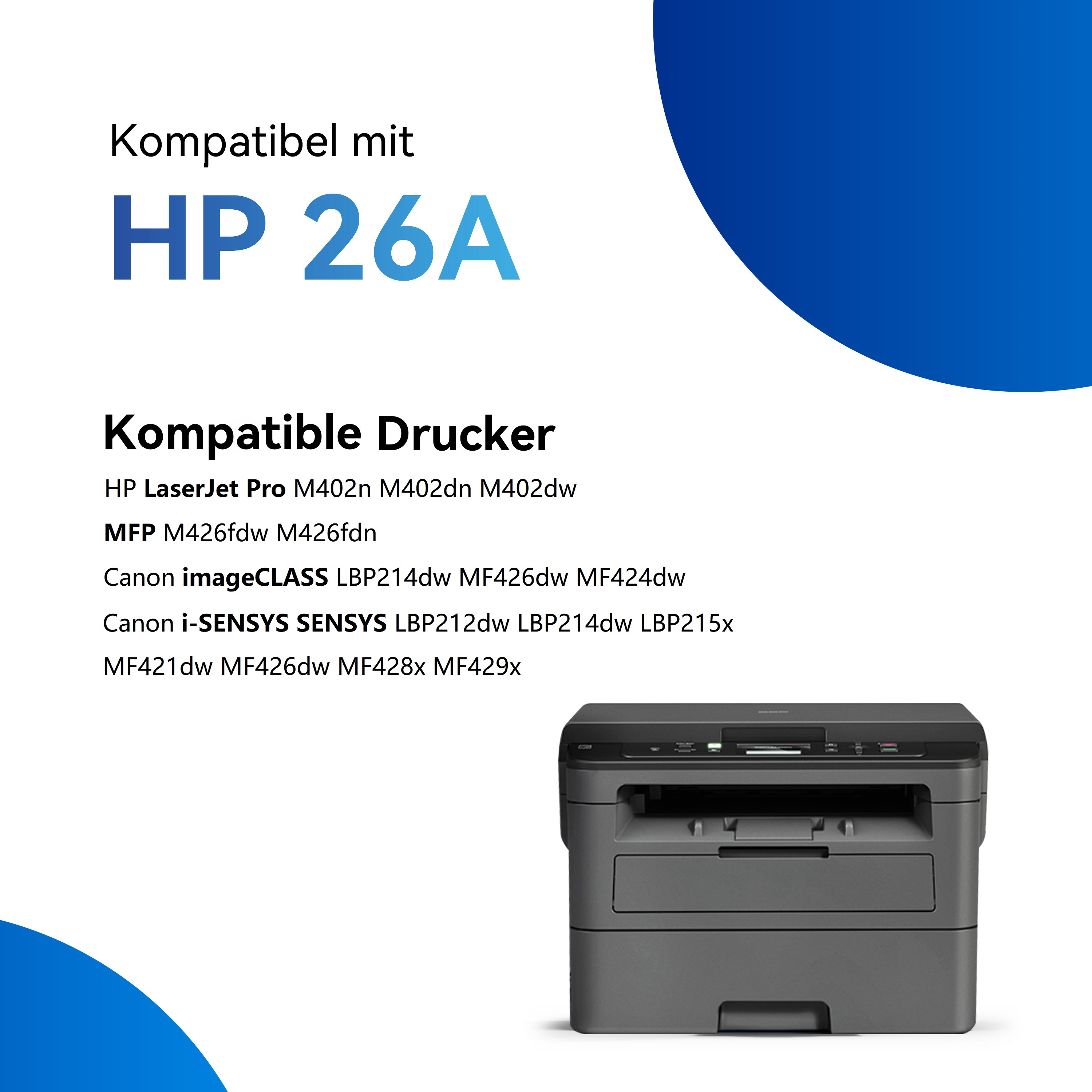 Printer and text on a blue background, the text showing compatible printers and models.