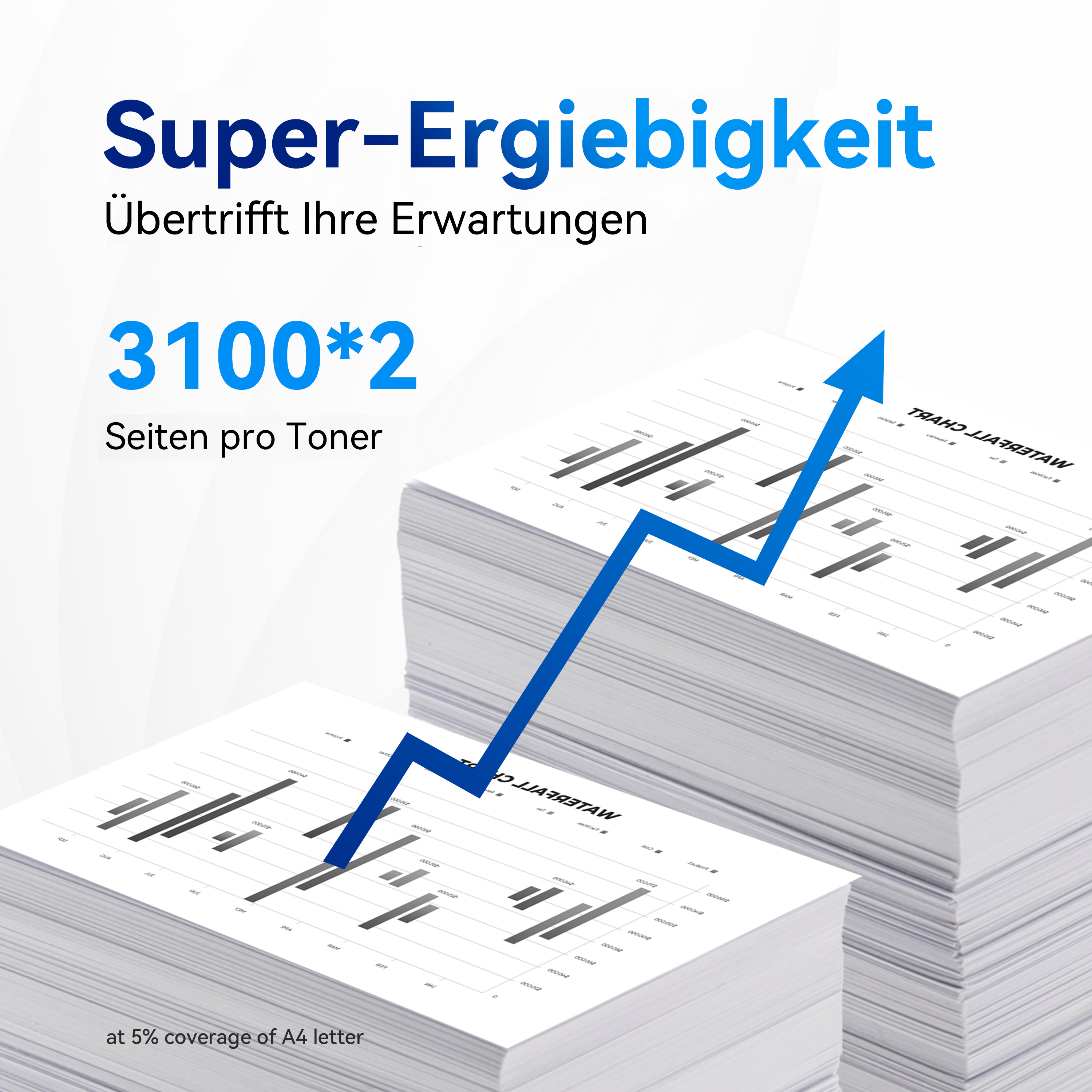 White paper stacks with a blue arrow pointing up. Text: Super-Ergiebigkeit, 3100*2 Seiten pro Toner.