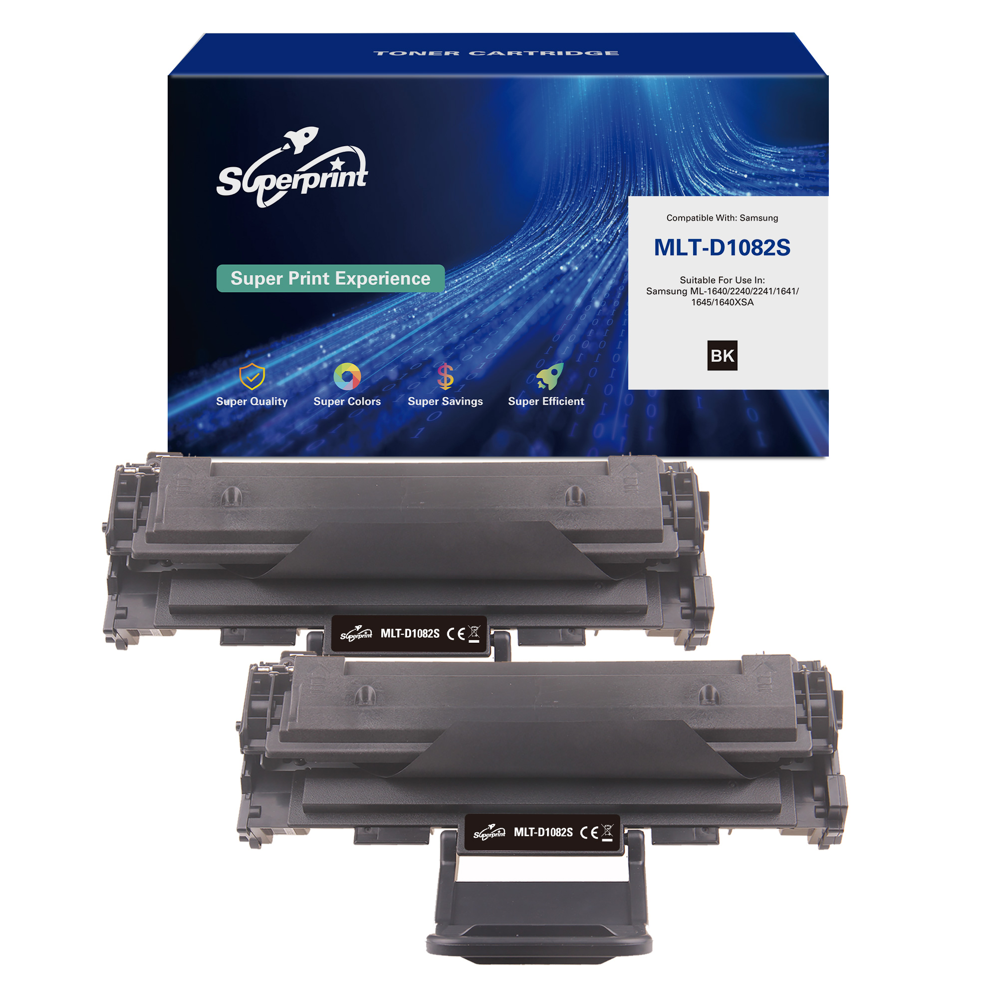 Two black toner cartridges and a box, with the Superprint logo on it.