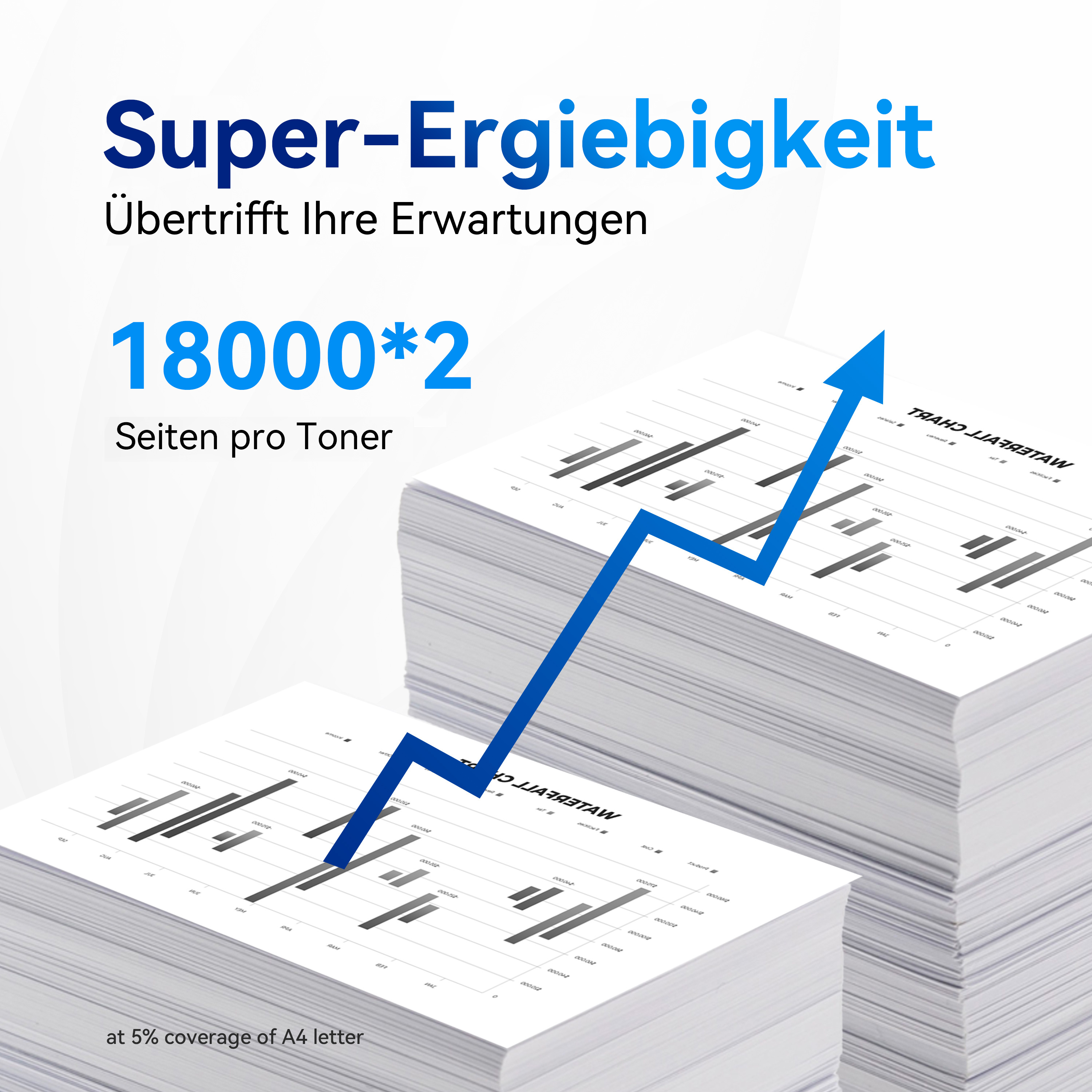 Deux piles de papier avec une flèche pointant vers le haut. Texte : 'Super-Ergiebigkeit'. Il est écrit 18000*2 pages par toner.