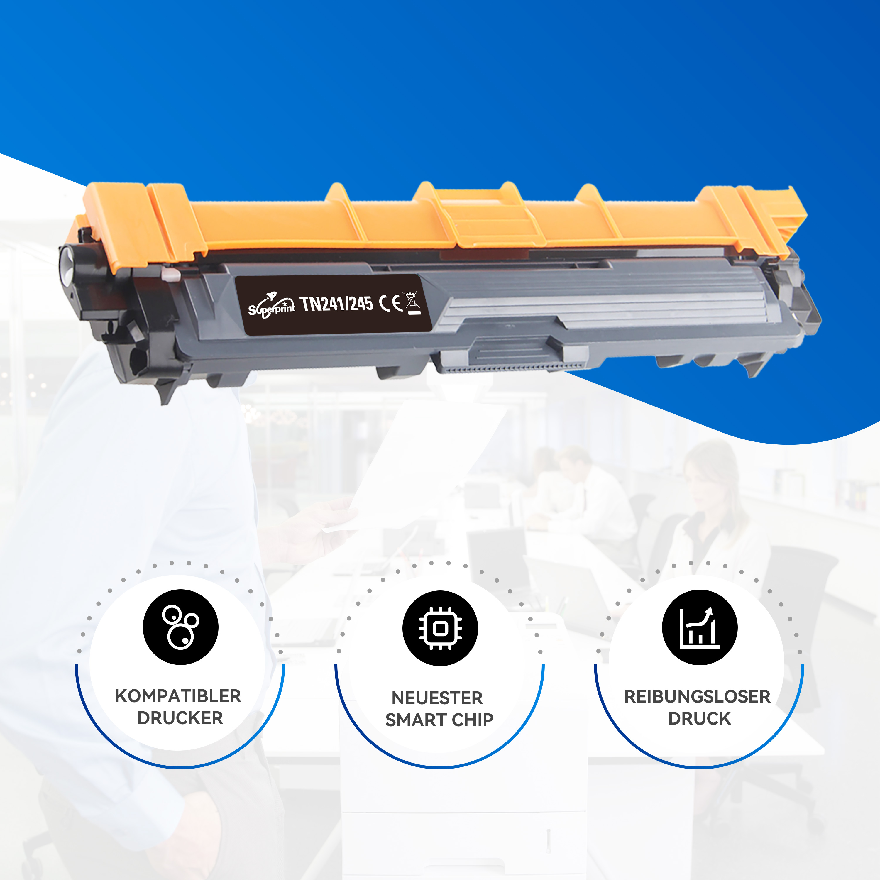 A toner cartridge with three icons that say 'Compatible printer', 'Smart Chip', and 'Smooth print'.