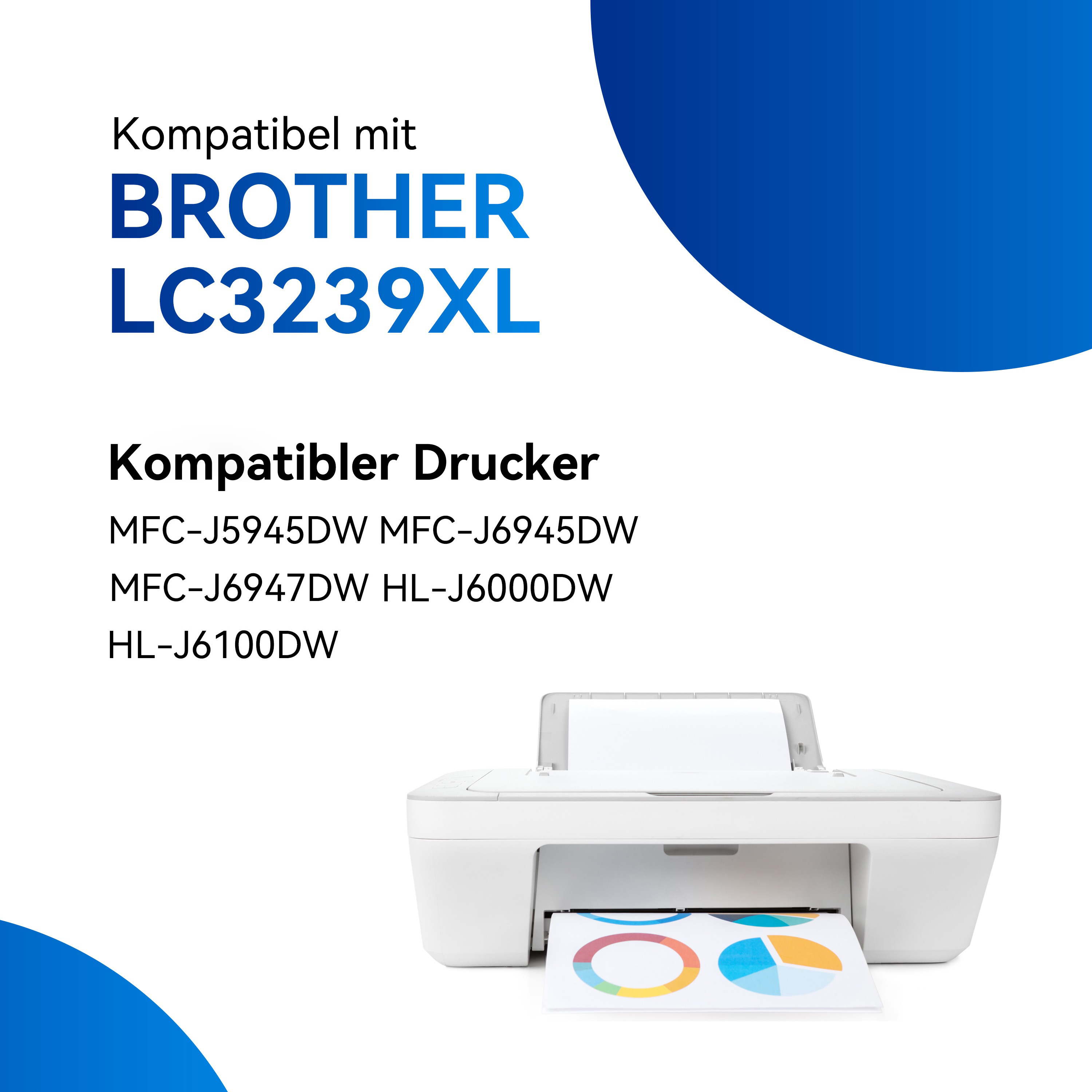 Une imprimante blanche avec une sortie de papier colorée, avec le texte : Kompatibel mit BROTHER LC3239XL. Fond bleu.