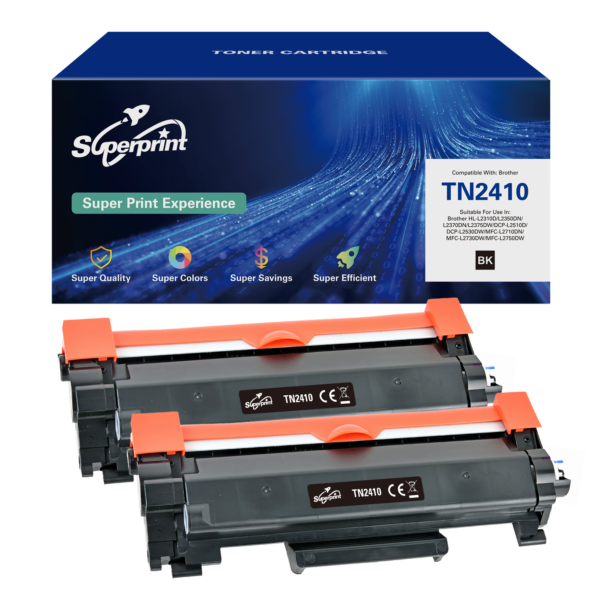 Deux cartouches de toner avec des accents orange dans une boîte bleue, avec texte et graphiques.