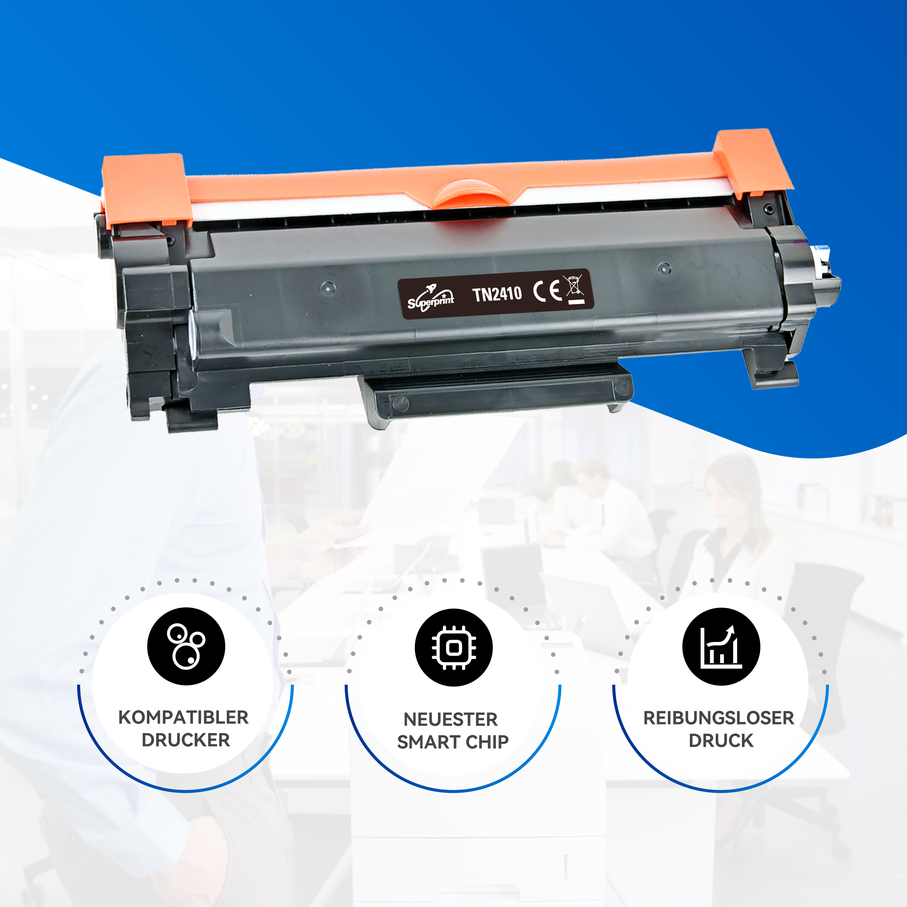 Une cartouche de toner à dessus orange avec des étiquettes et des icônes, devant un fond bleu. Trois icônes en dessous.