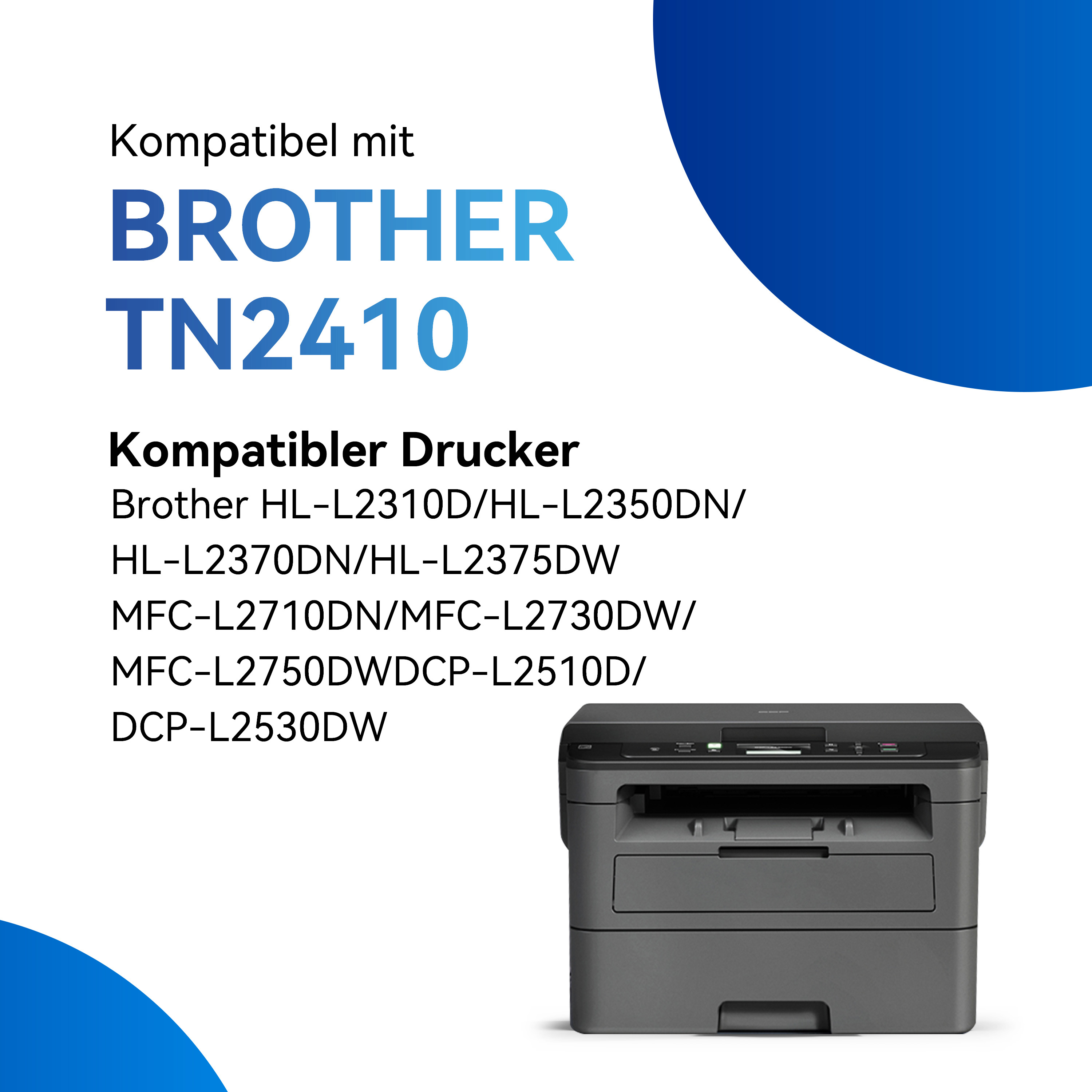 Imprimante Brother noire avec fond bleu. Affiche le modèle d'imprimante et les modèles compatibles.