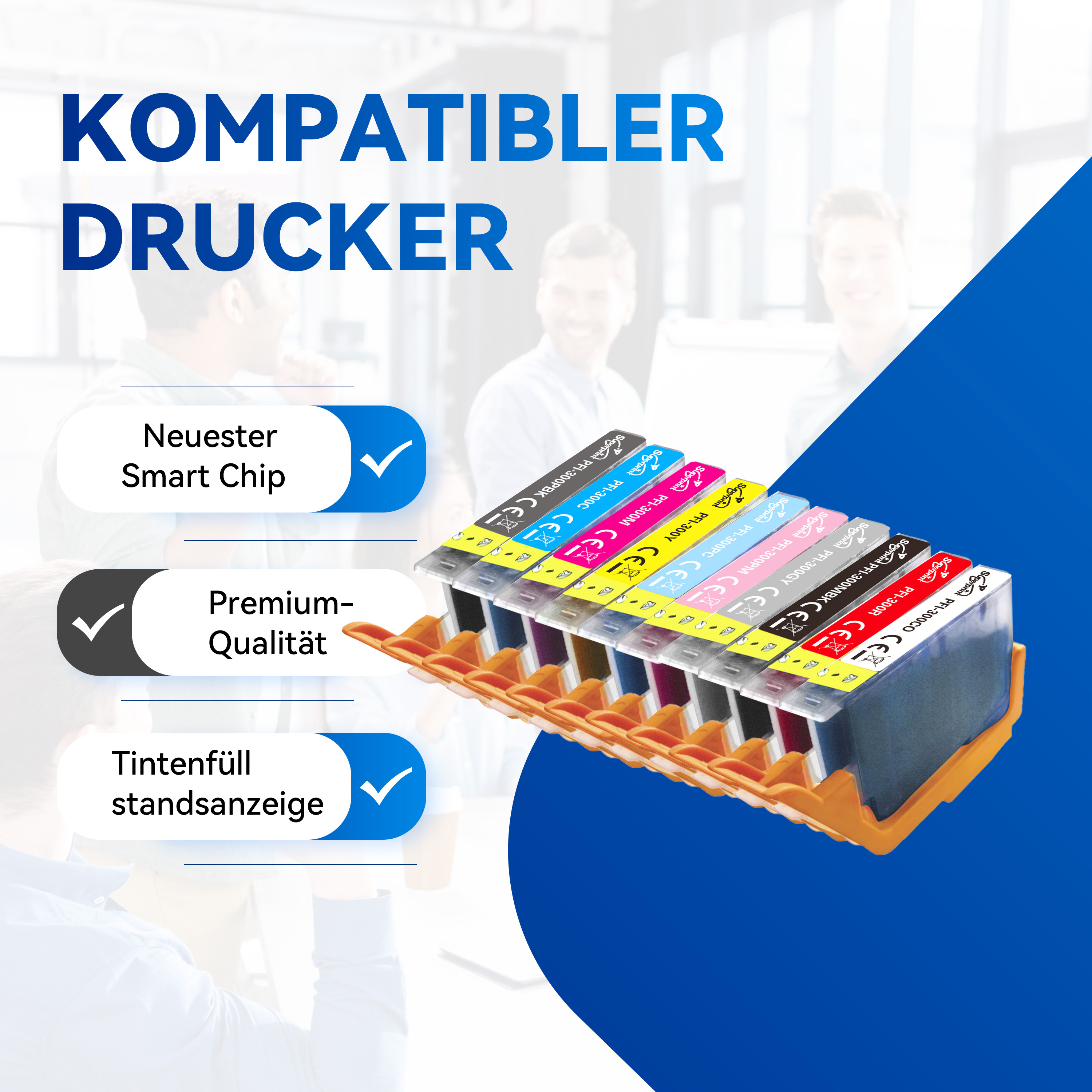 Une image colorée présentant des cartouches d'encre d'imprimante avec des coches et le texte 'KOMPATIBLER DRUCKER'.