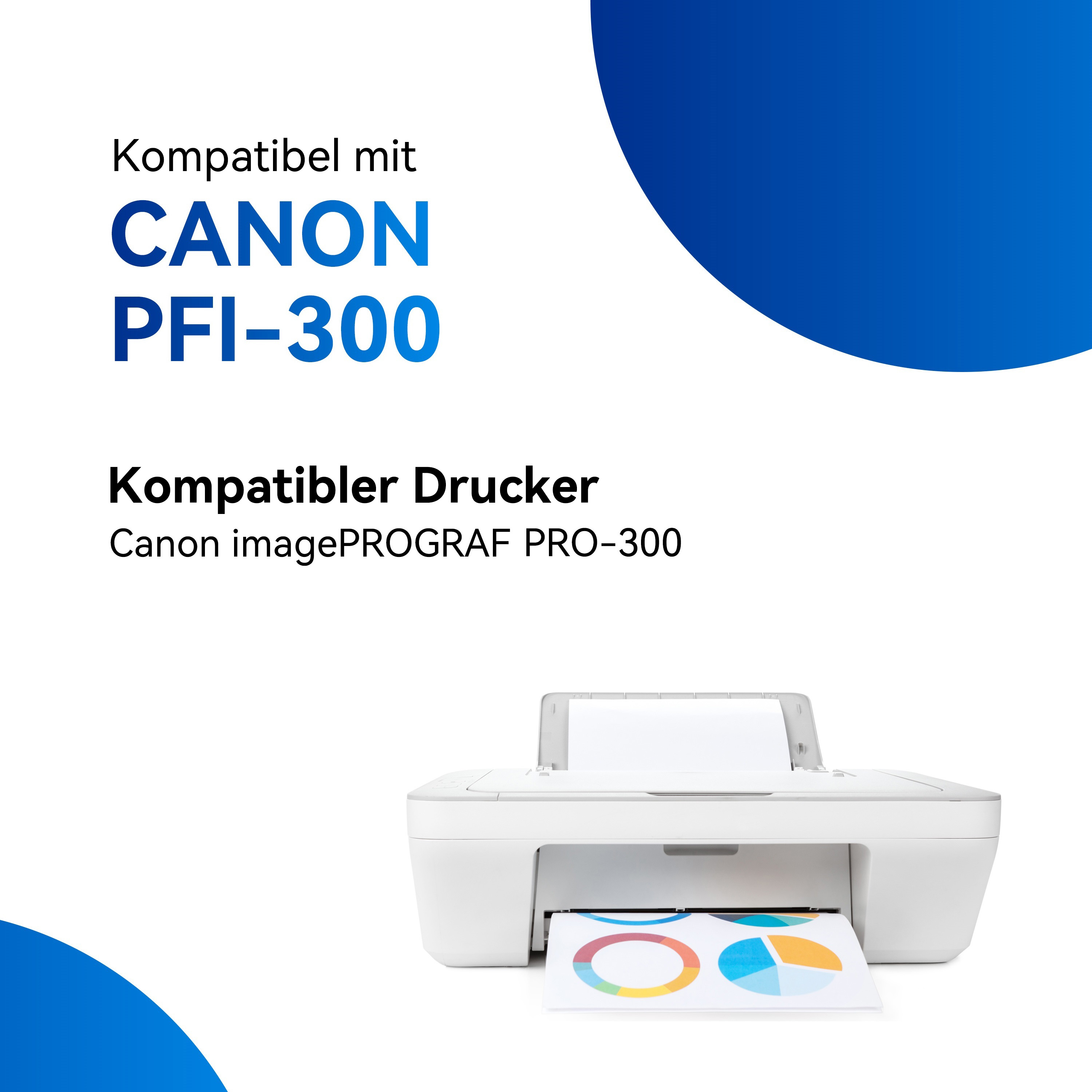 Une imprimante blanche avec une sortie de papier couleur et l'étiquette Canon PFI-300.
