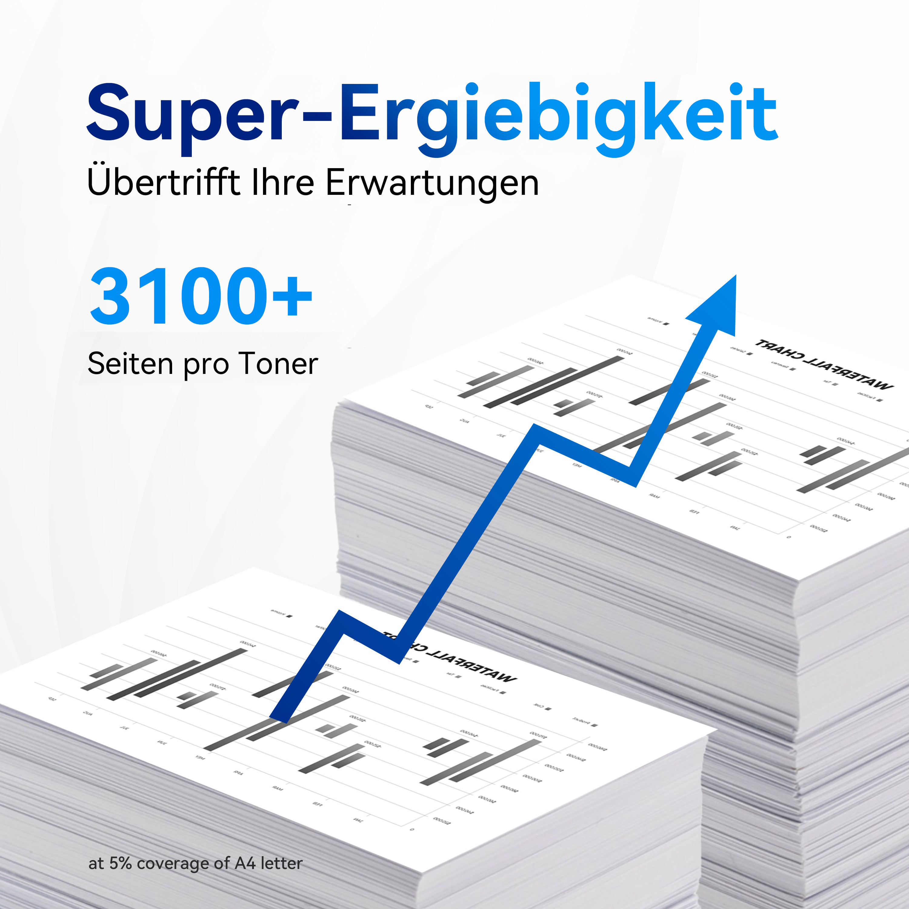 Deux piles de papier avec des graphiques et une flèche bleue pointant vers le haut. Texte : 'Super-Ergiebigkeit' et '3100+ Seiten'.