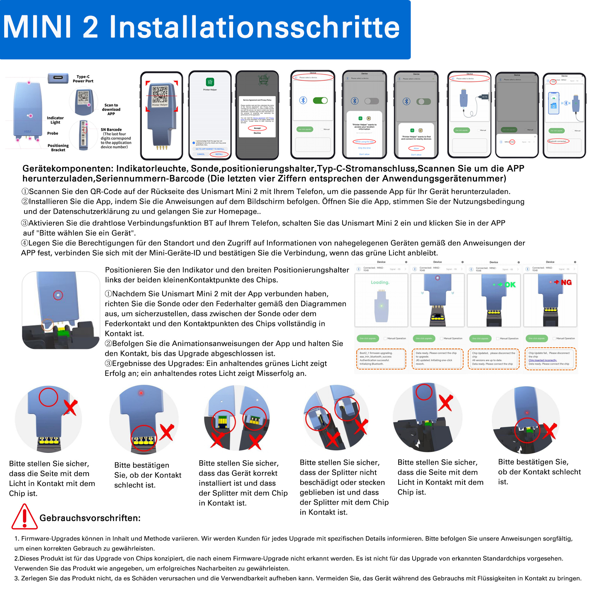 Installationsschritte für ein Gerät, einschließlich Illustrationen des Prozesses auf einem Smartphone.