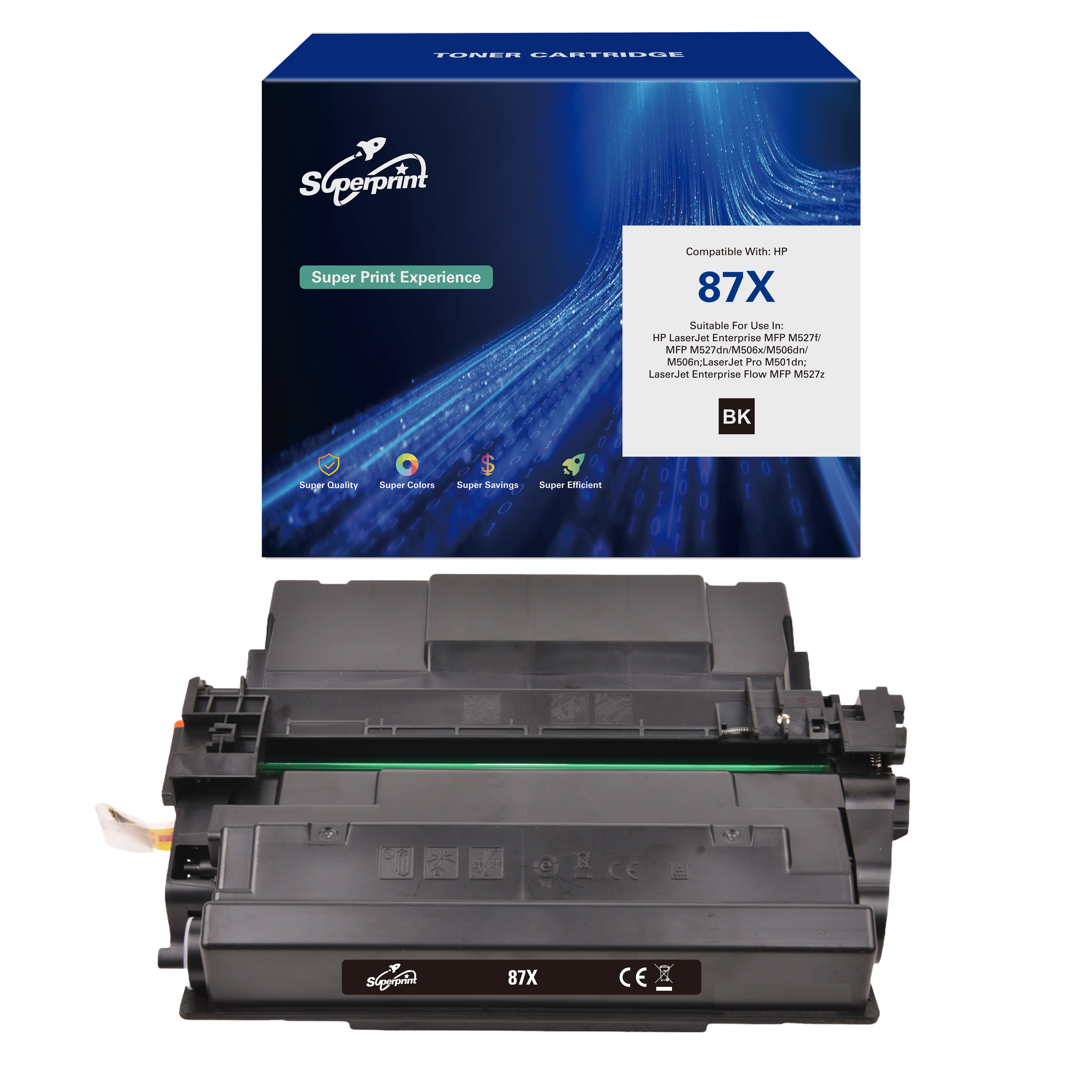 A toner cartridge box and the cartridge itself, both black, with text and branding on a white backdrop.