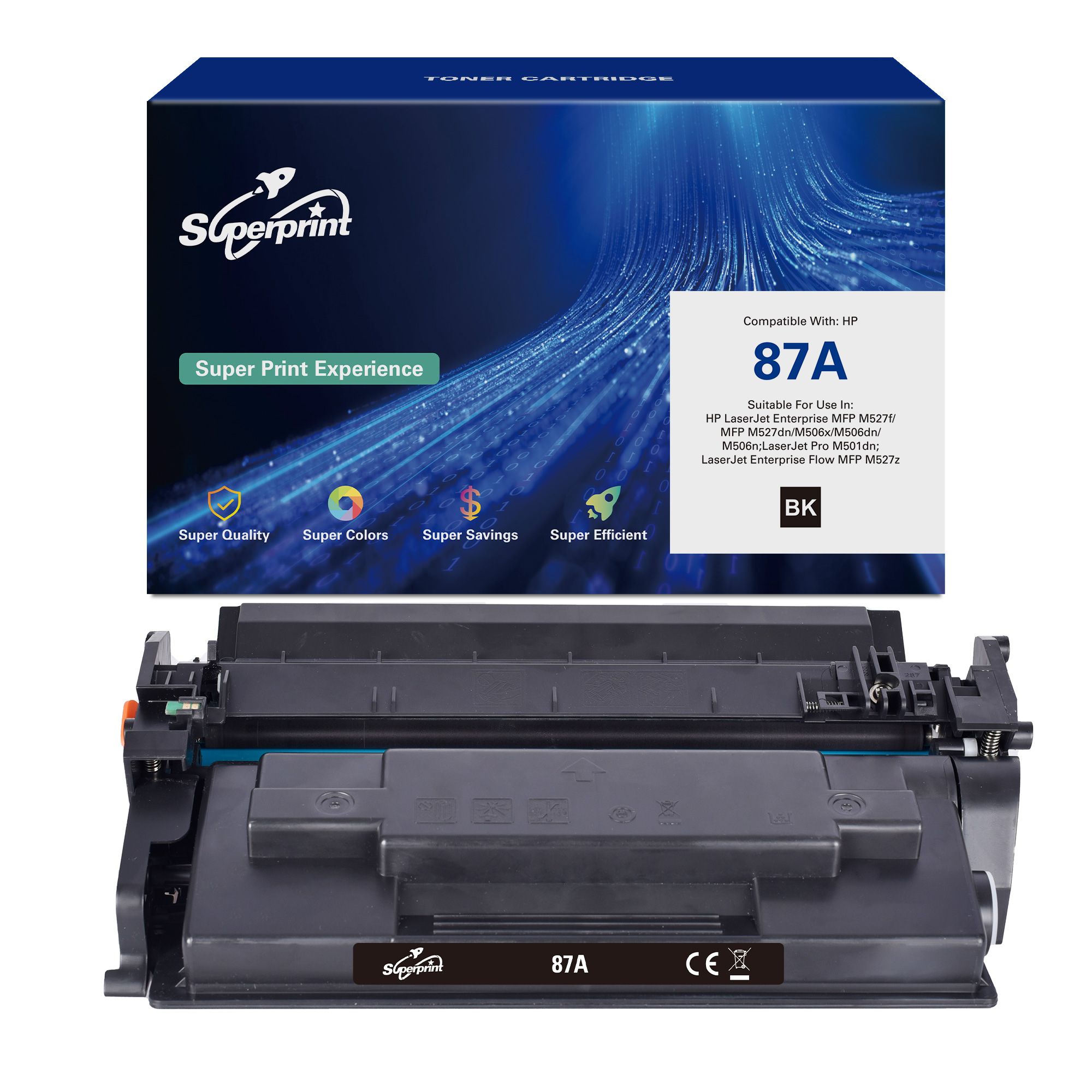 Una scatola di cartucce toner nere e la cartuccia toner. Il testo dice '87A' e logo del marchio.