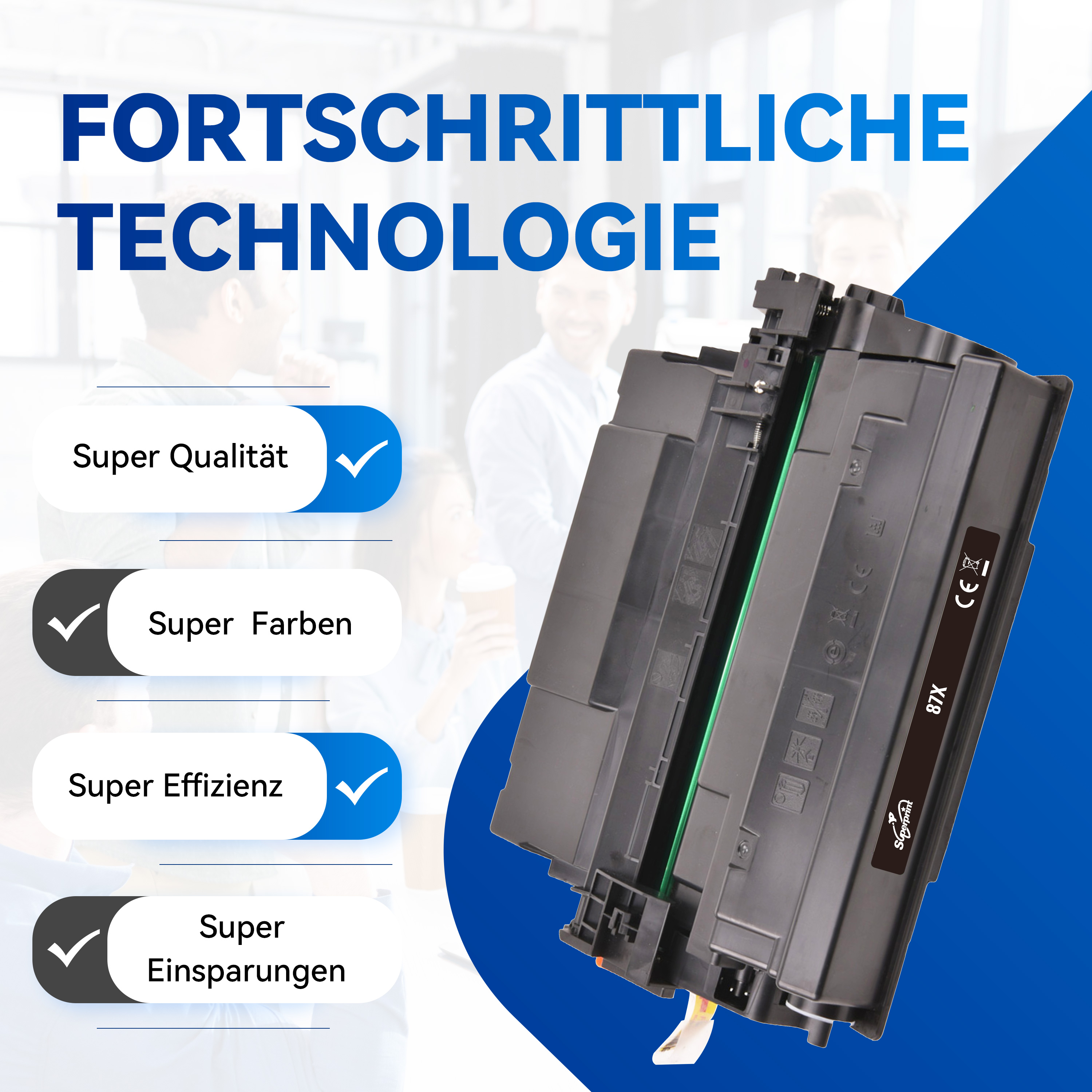 Black toner cartridge with text: Super Quality, Super Farben, Super Effizienz, Super Einsparungen.