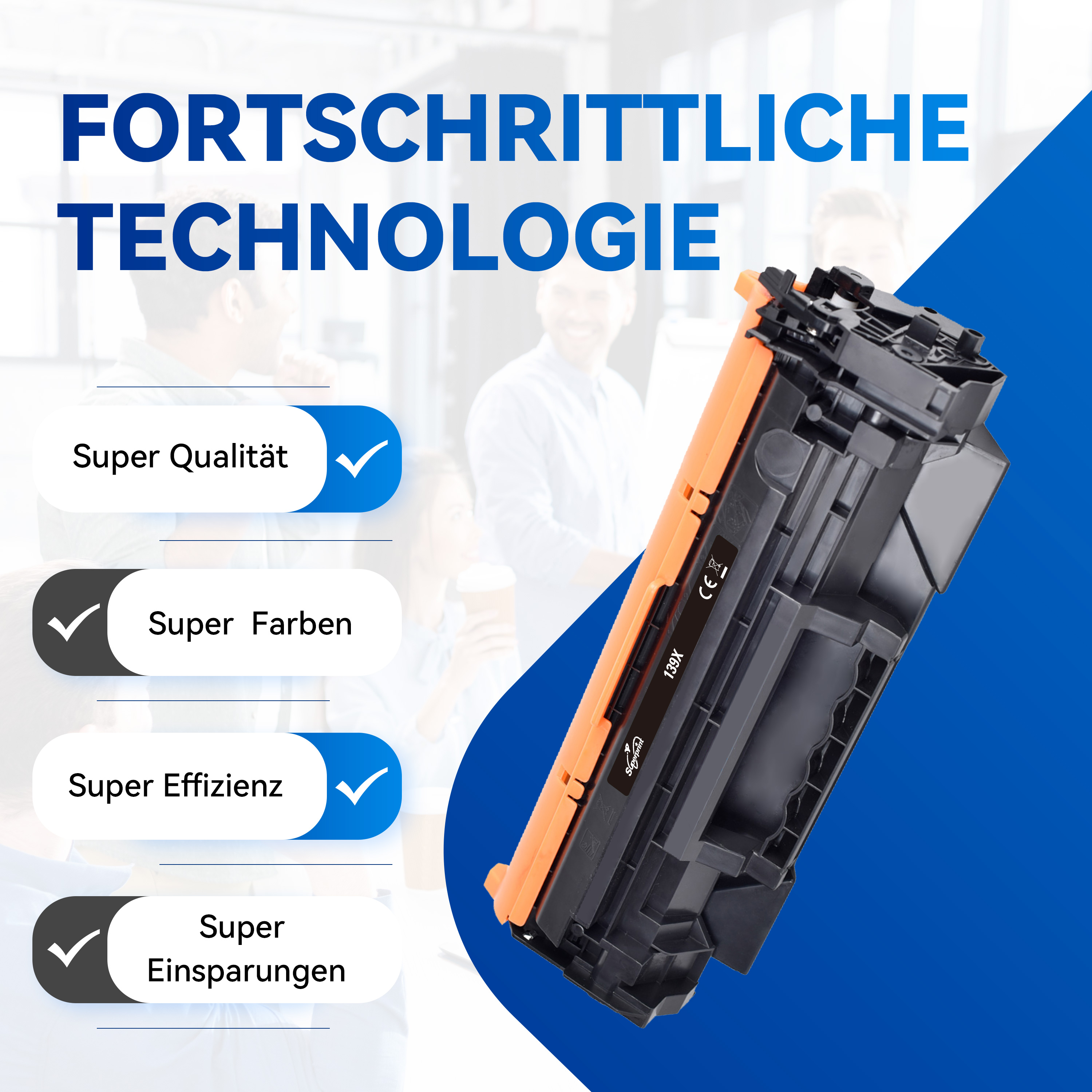 Orange-schwarze Druckerpatrone. Text zeigt Superqualität, Farben, Effizienz und Einsparungen.