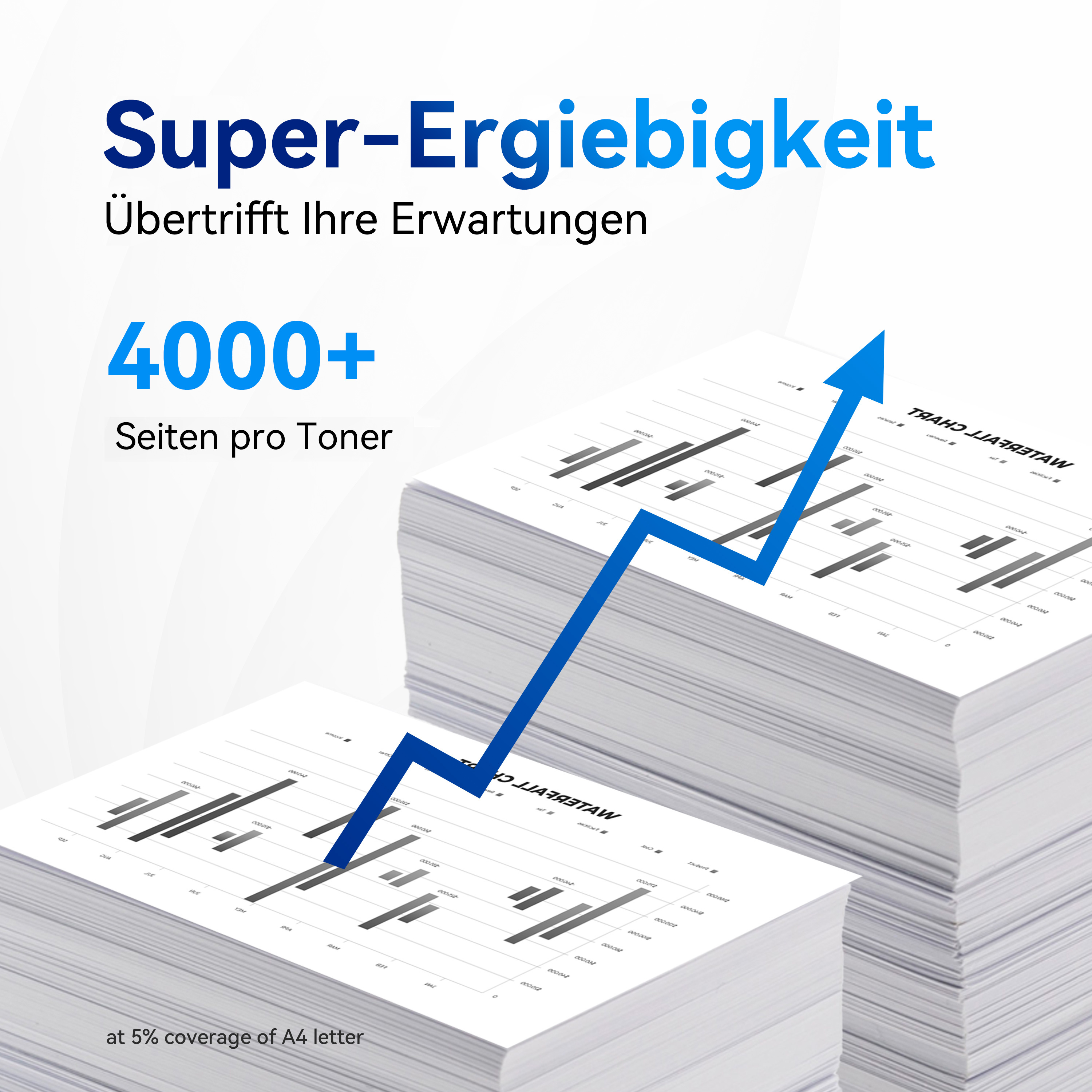 Weiße Papierstapel, blauer Pfeil zeigt ein Diagramm und Text 'Super-Ergiebigkeit'.