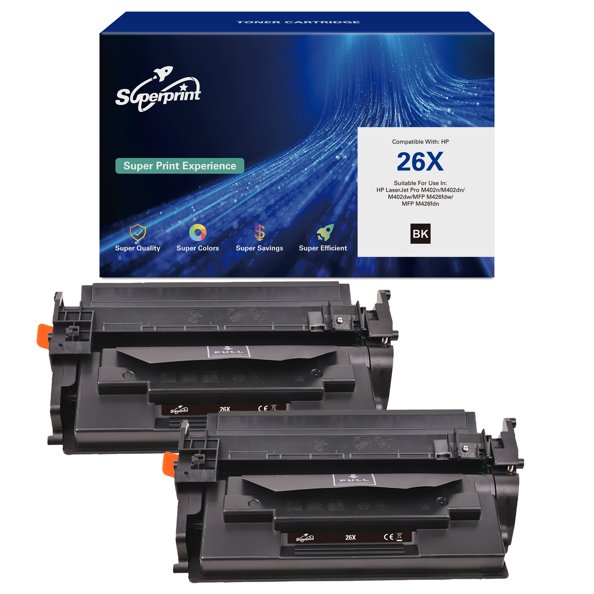 Cartouches de toner d'imprimante et emballage, cartouches noires avec le texte 'PULL', sur fond blanc.