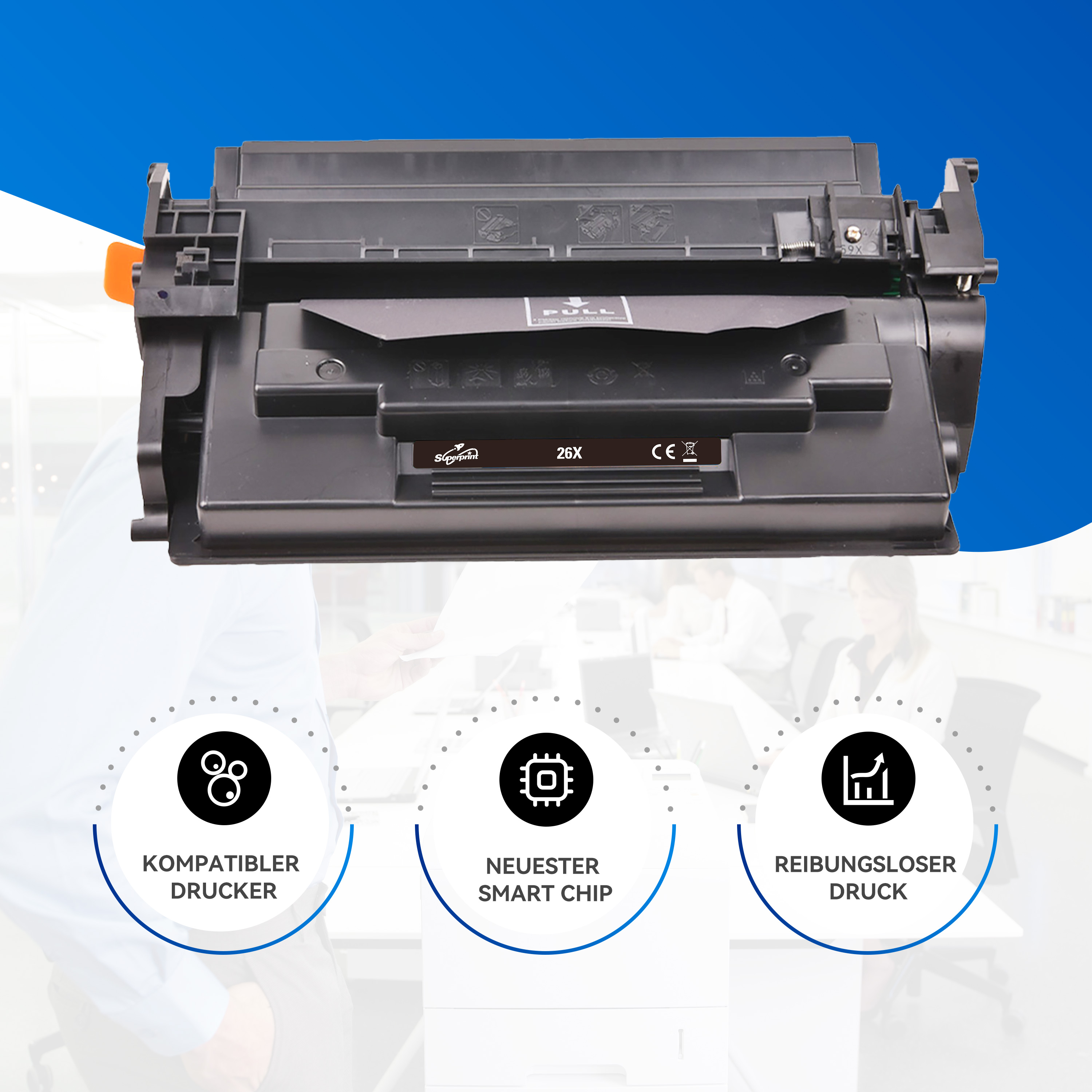 Cartouche de toner noire. Trois icônes sont visibles : imprimante compatible, puce intelligente et impression.