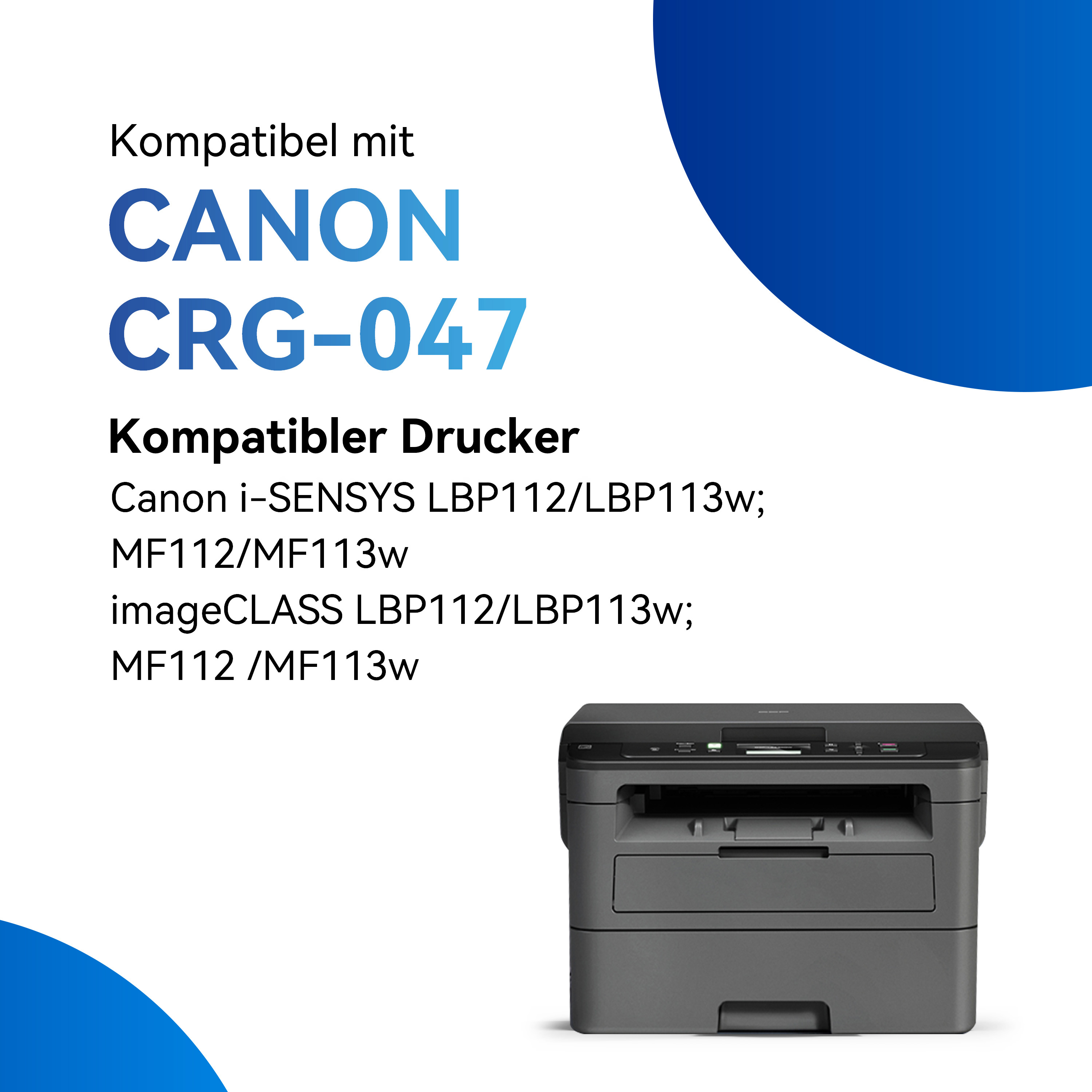 Imprimante avec du texte sur Canon CRG-047. L'imprimante est noire et grise.