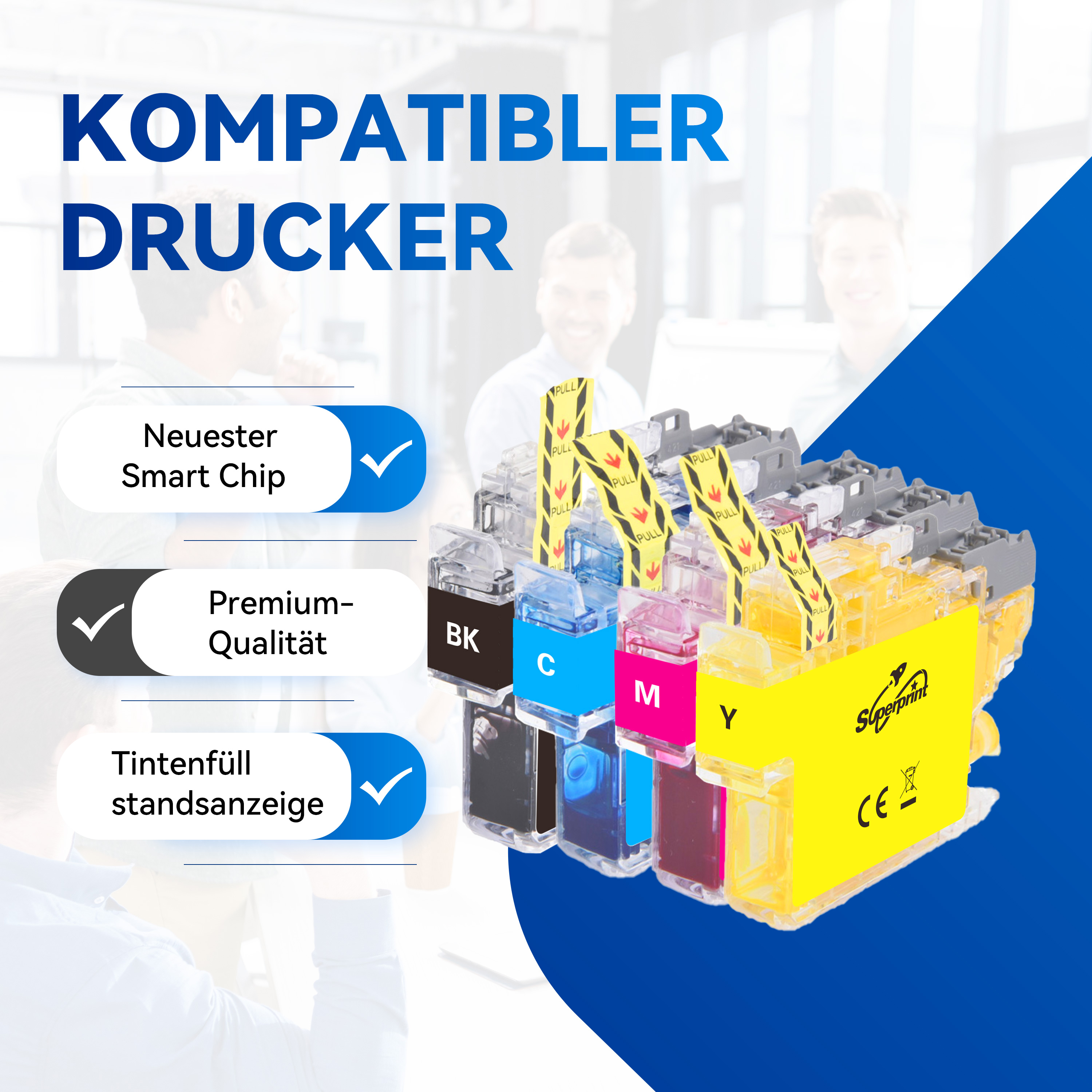 Druckerpatronen mit Häkchen. Personen im Hintergrund sichtbar.