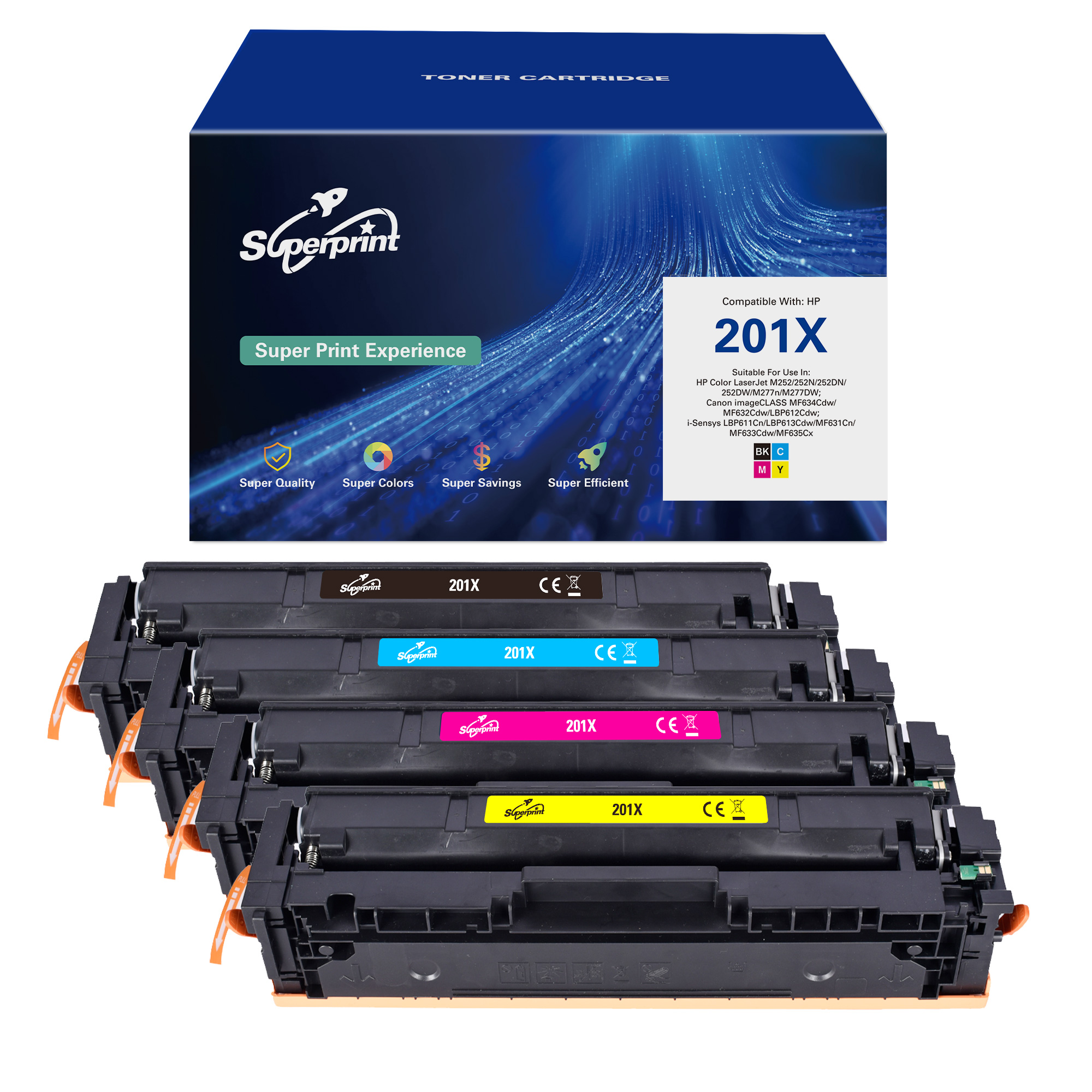 Plusieurs cartouches de toner dans une boîte, avec du texte et une boîte de différentes couleurs.